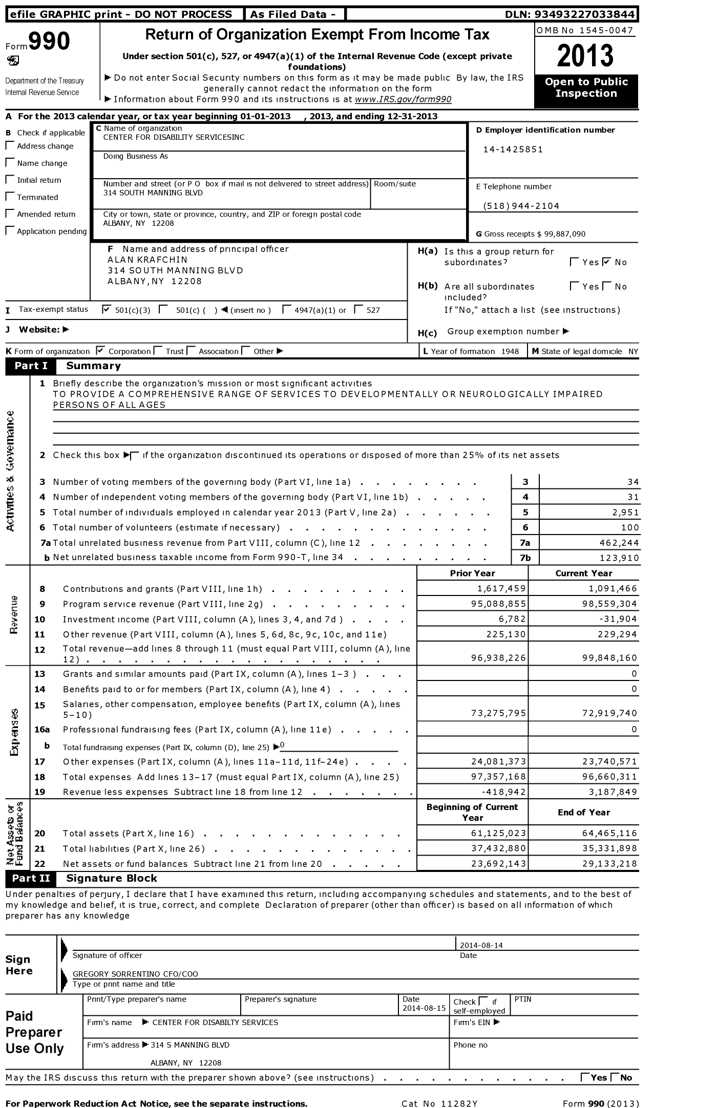 Image of first page of 2013 Form 990 for Center for Disability Services