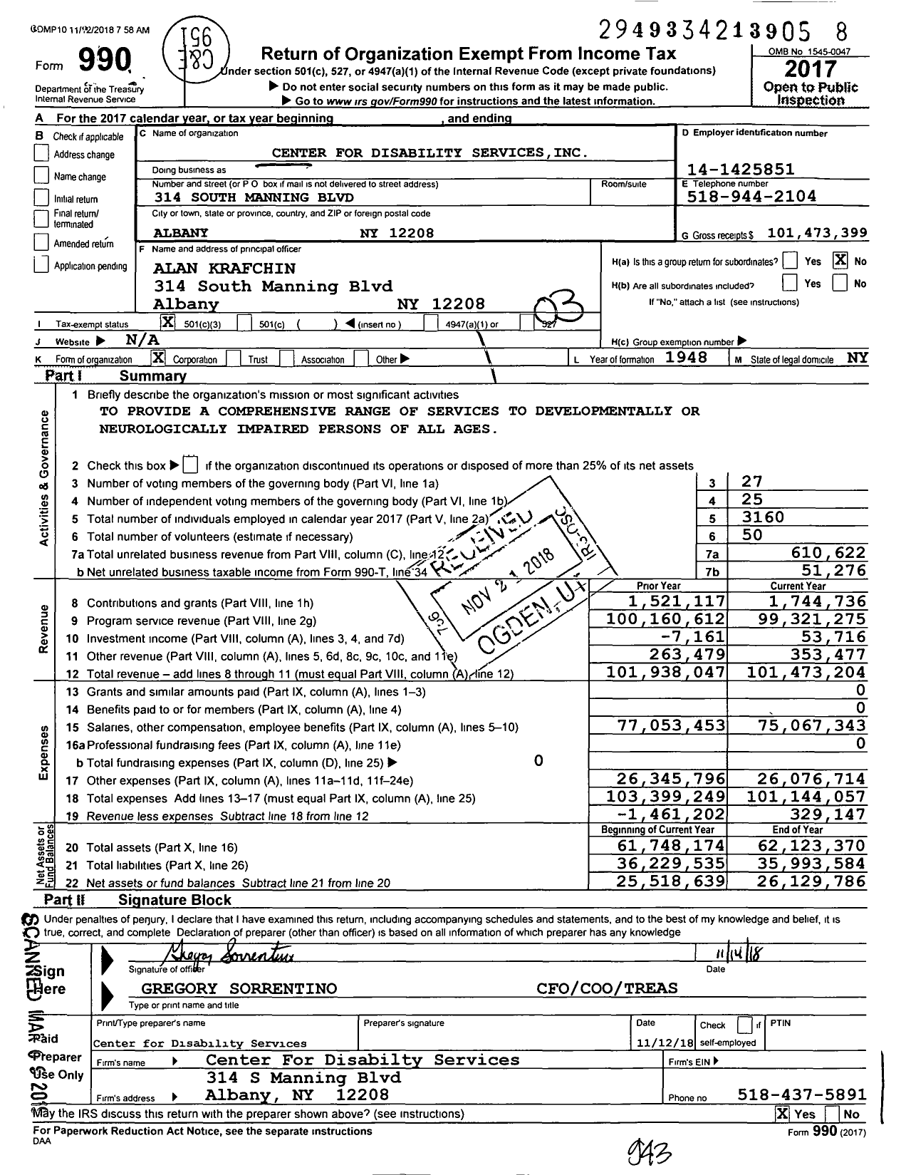 Image of first page of 2017 Form 990 for Center for Disability Services