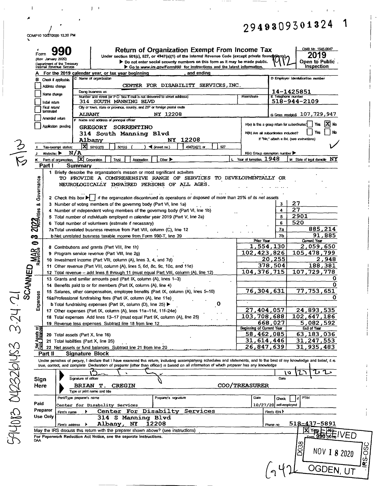 Image of first page of 2019 Form 990 for Center for Disability Services