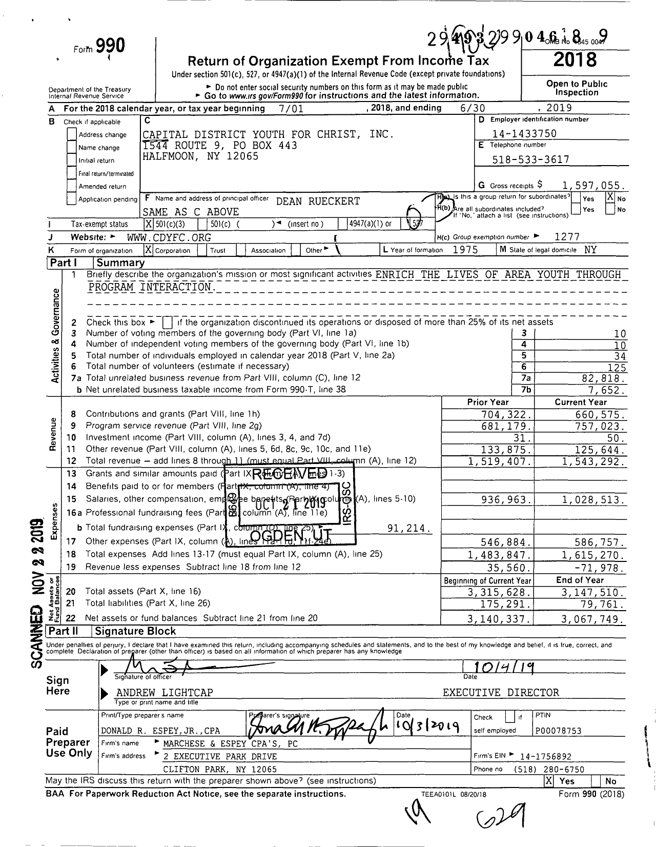 Image of first page of 2018 Form 990 for Youth for Christ - Capital District