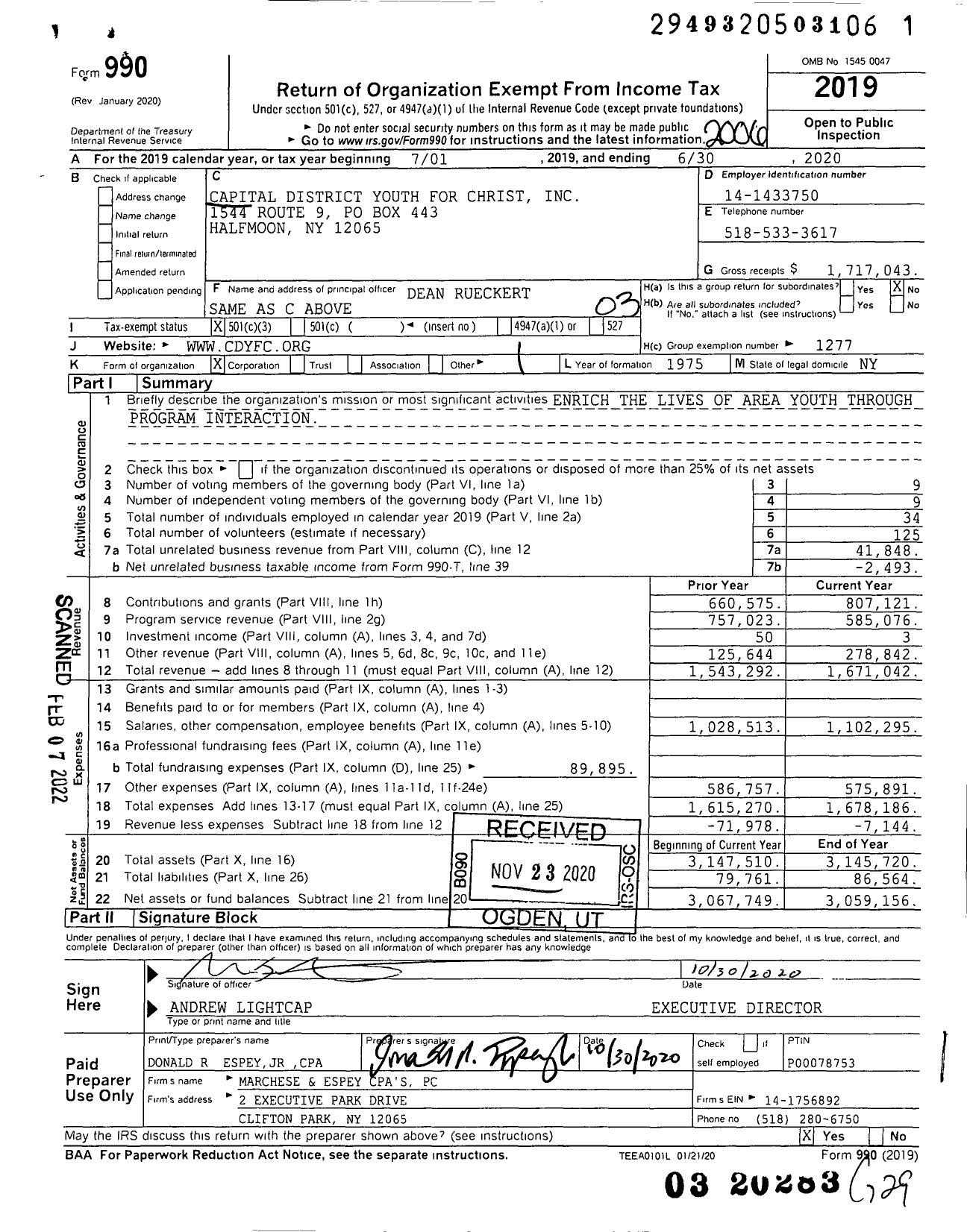 Image of first page of 2019 Form 990 for Youth for Christ - Capital District