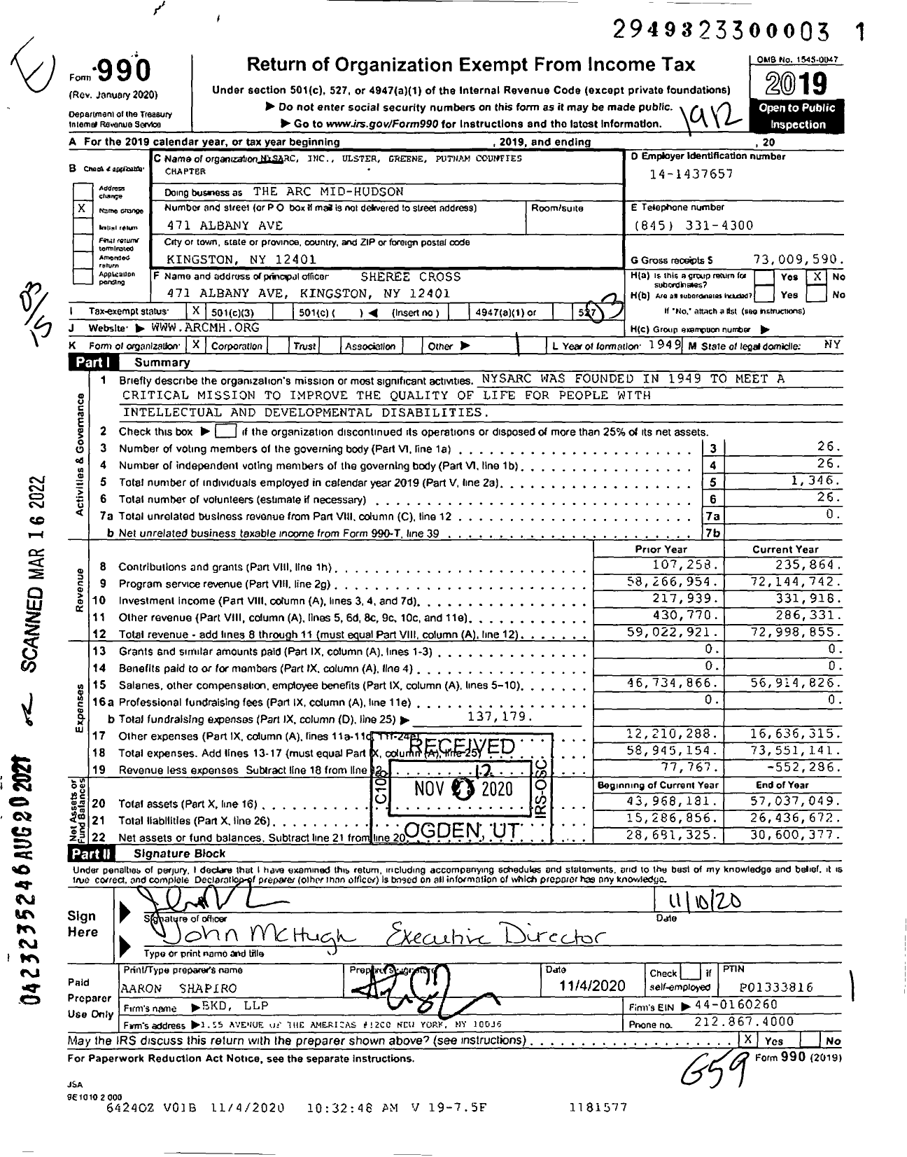 Image of first page of 2019 Form 990 for The ARC Mid-Hudson