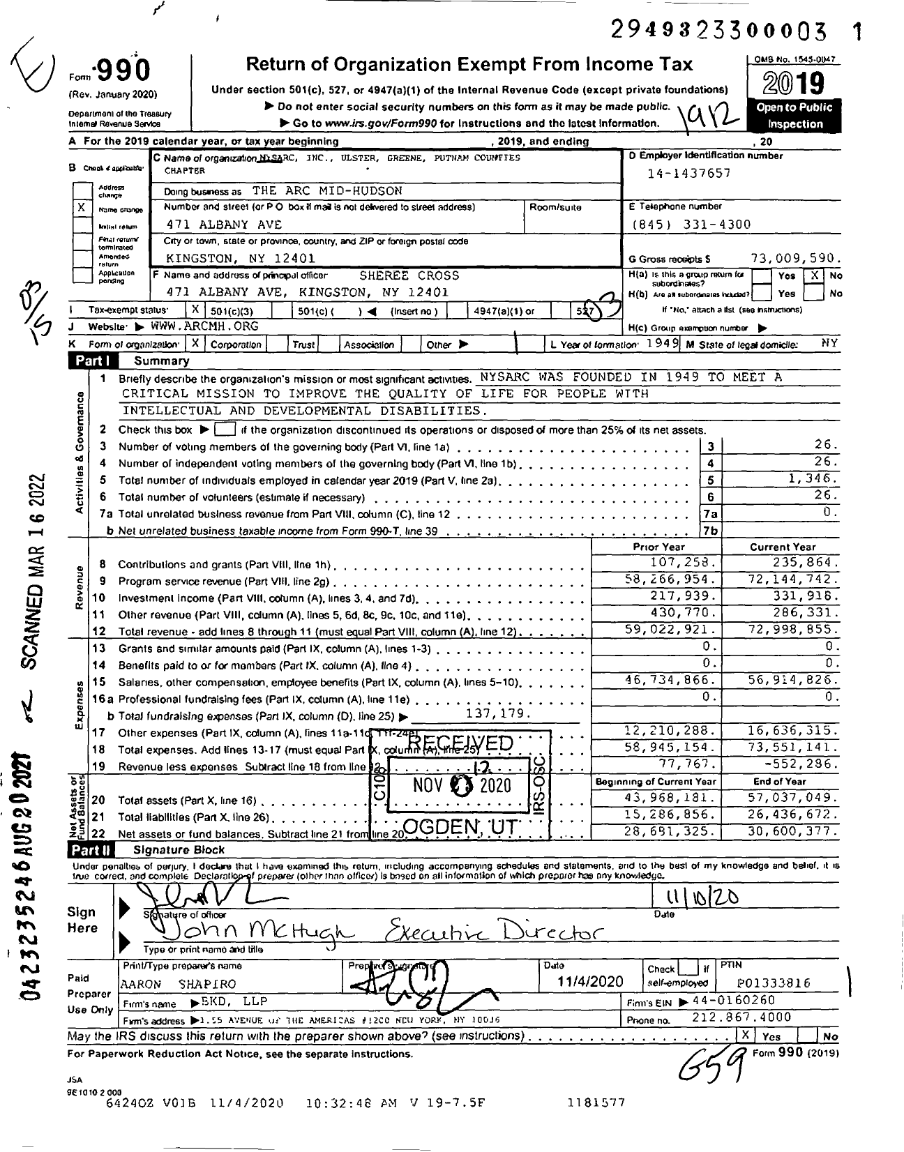 Image of first page of 2019 Form 990 for The Arc Mid-Hudson