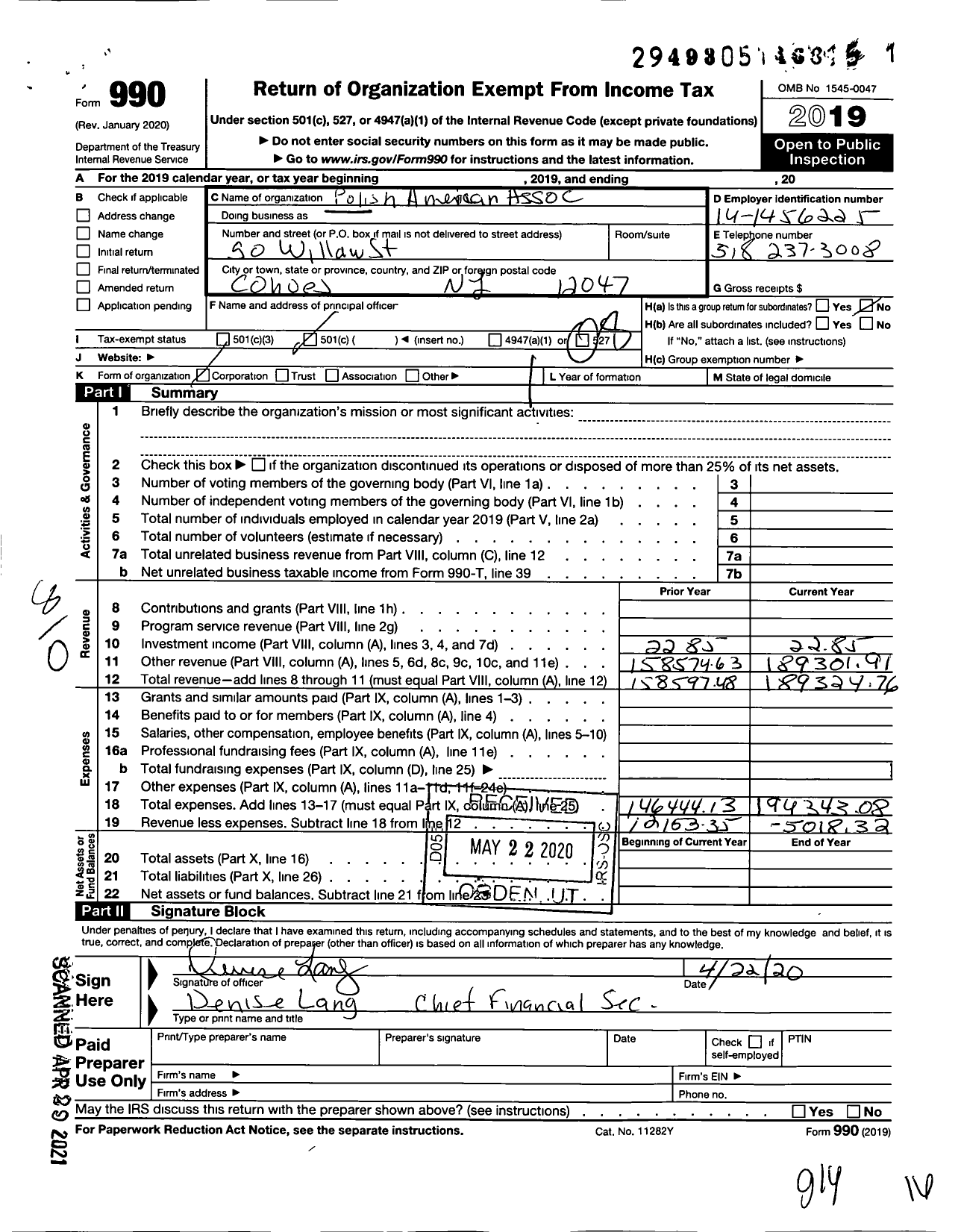 Image of first page of 2019 Form 990O for Polish National Alliance - Polish American Assoc of Cohoes ny