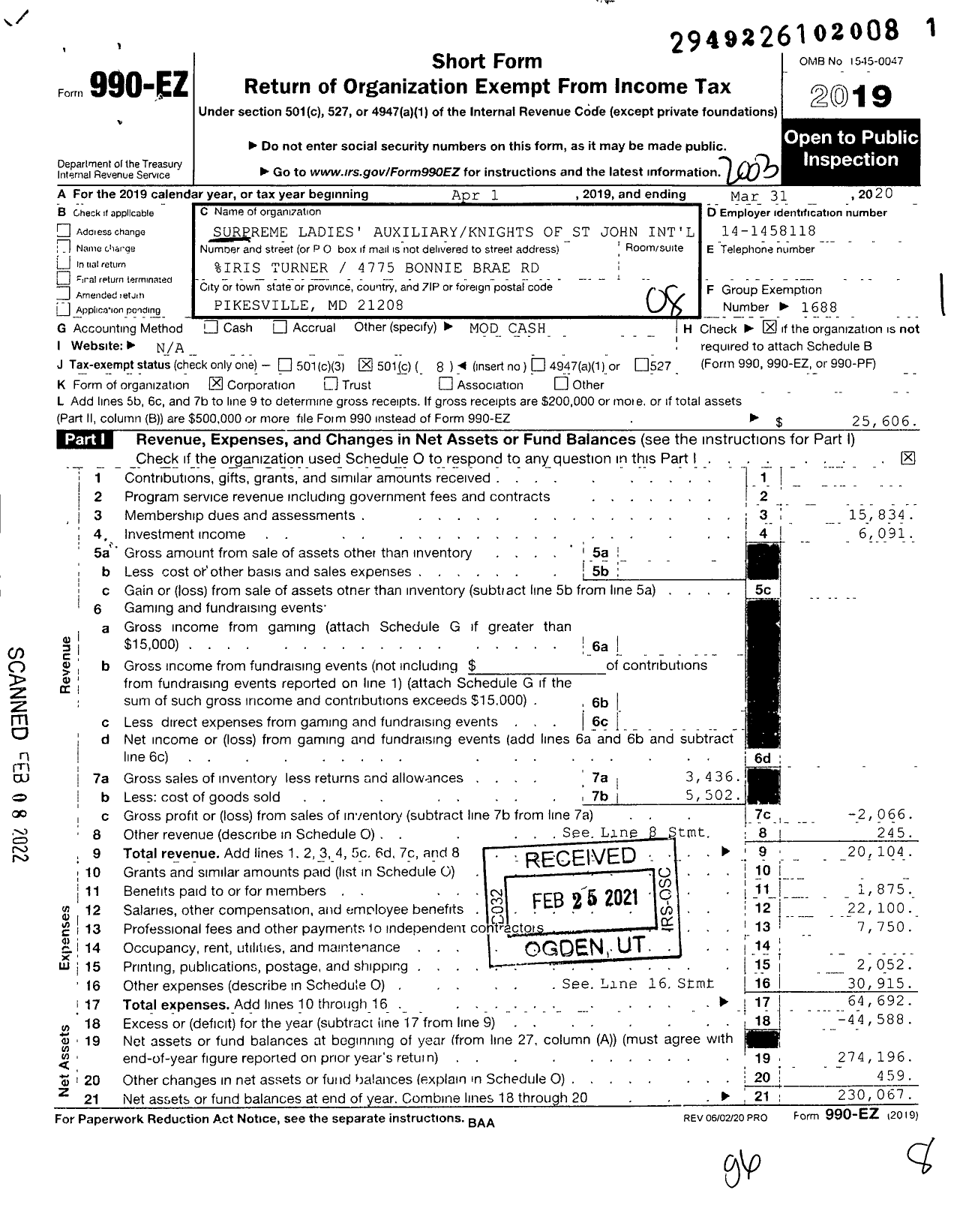 Image of first page of 2019 Form 990EO for Surpreme Ladies' Auxiliaryknights of St John International