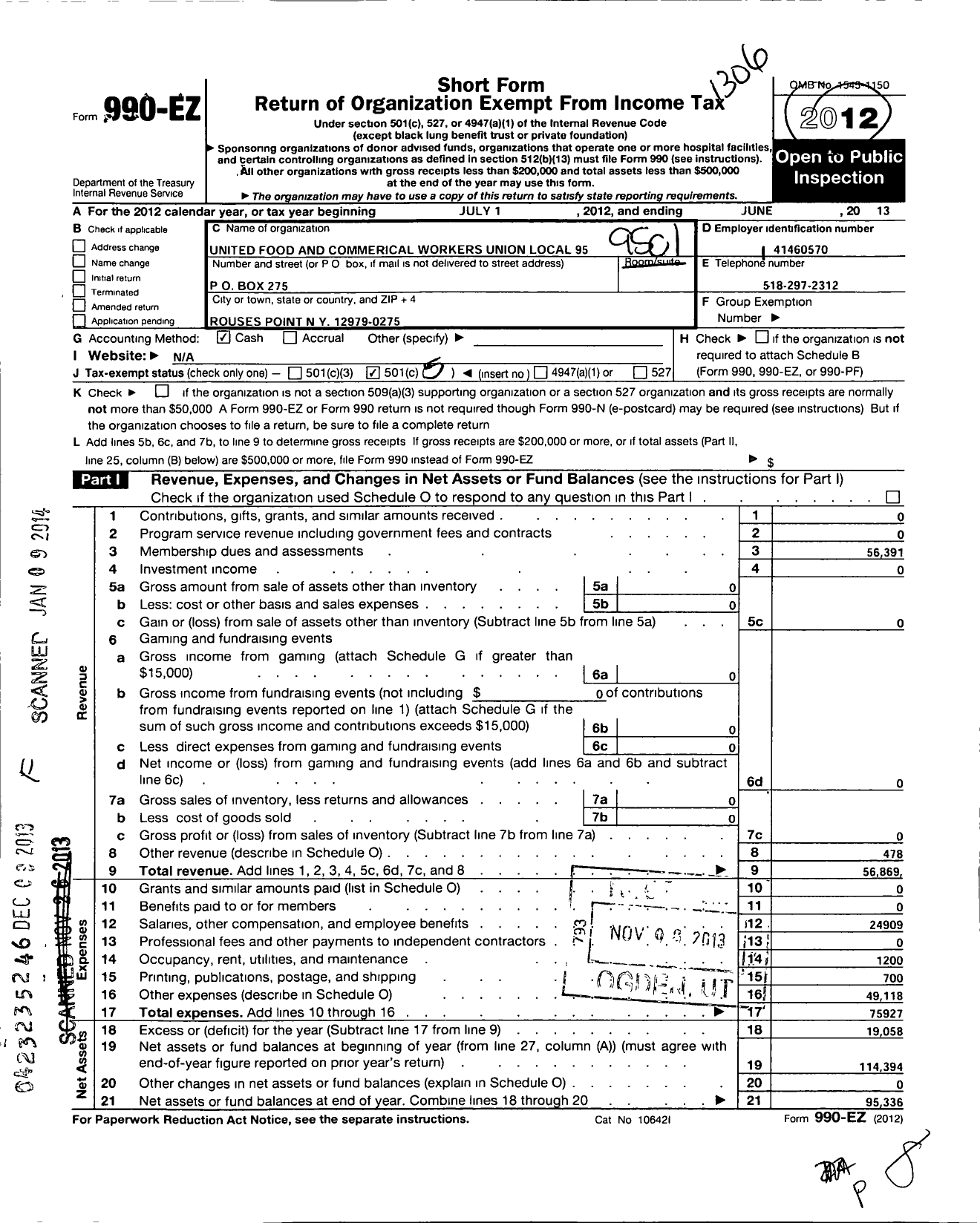 Image of first page of 2012 Form 990EO for United Food & Commercial Workers Union - 95C Local