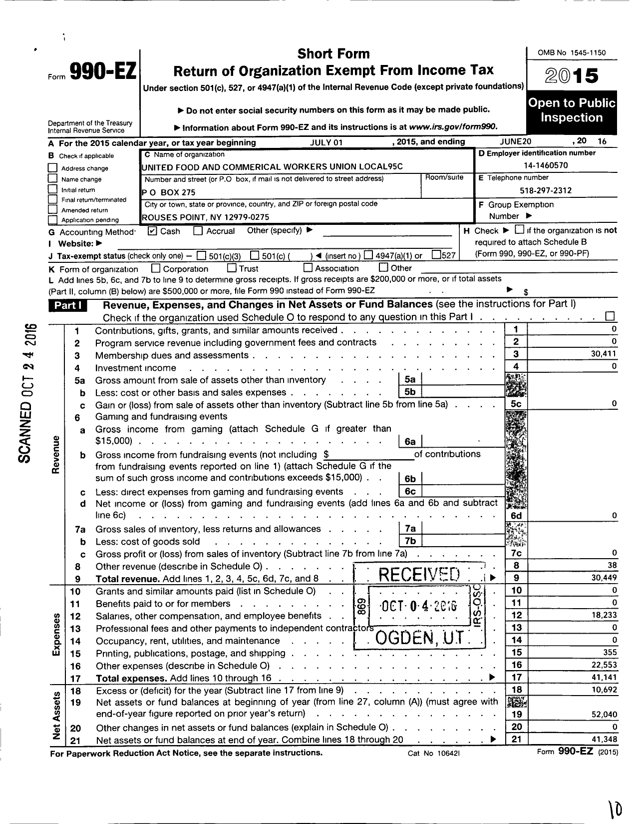 Image of first page of 2015 Form 990EO for United Food & Commercial Workers Union - 95C Local