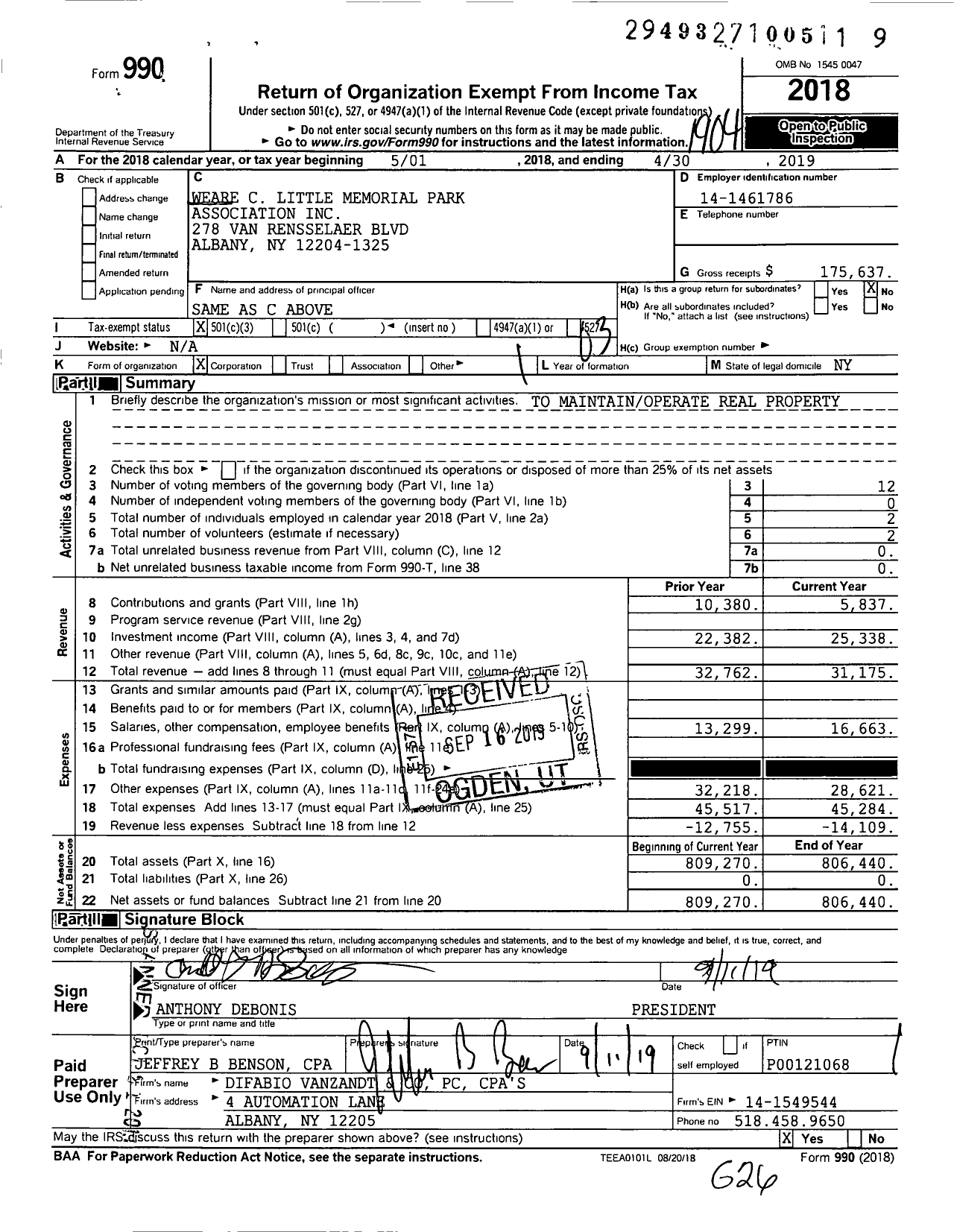 Image of first page of 2018 Form 990 for Weare C Little Memorial Park Association