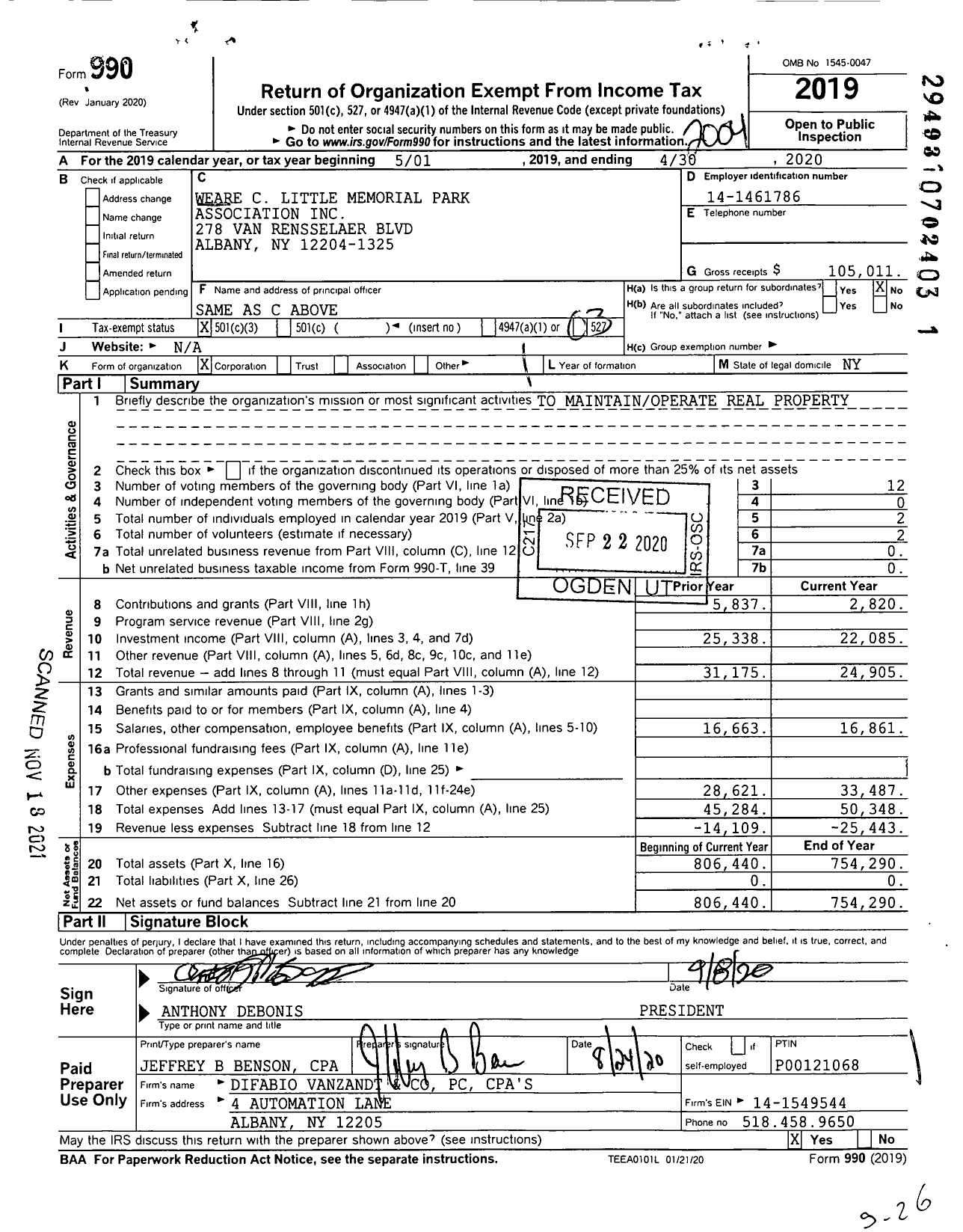 Image of first page of 2019 Form 990 for Weare C Little Memorial Park Association