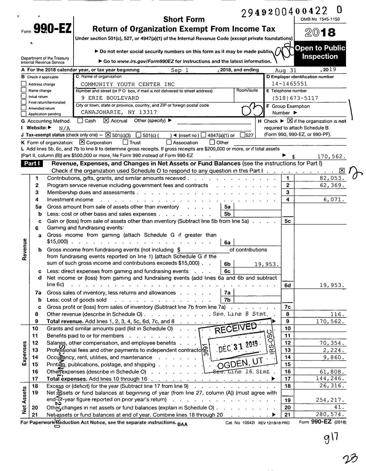 Image of first page of 2018 Form 990EZ for Community Youth Center