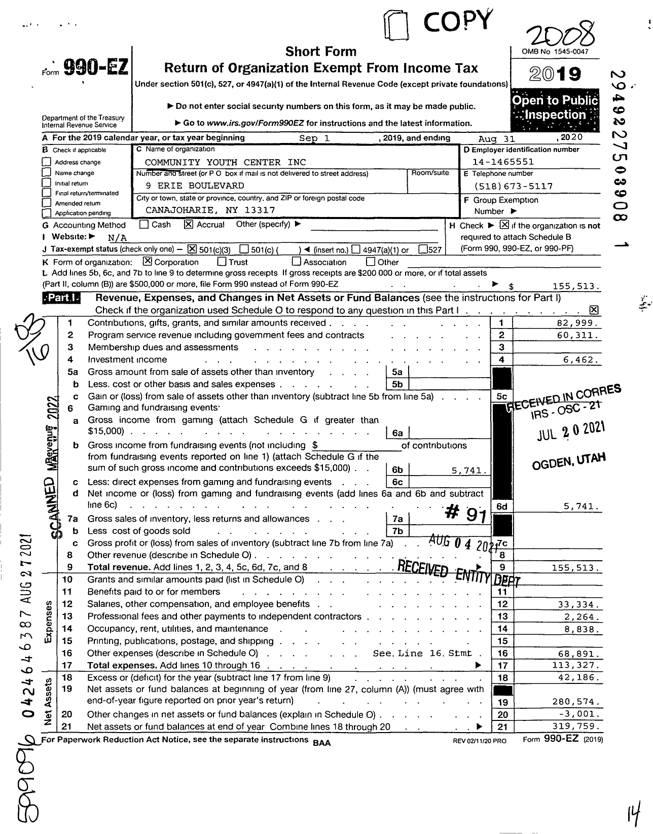 Image of first page of 2019 Form 990EZ for Community Youth Center