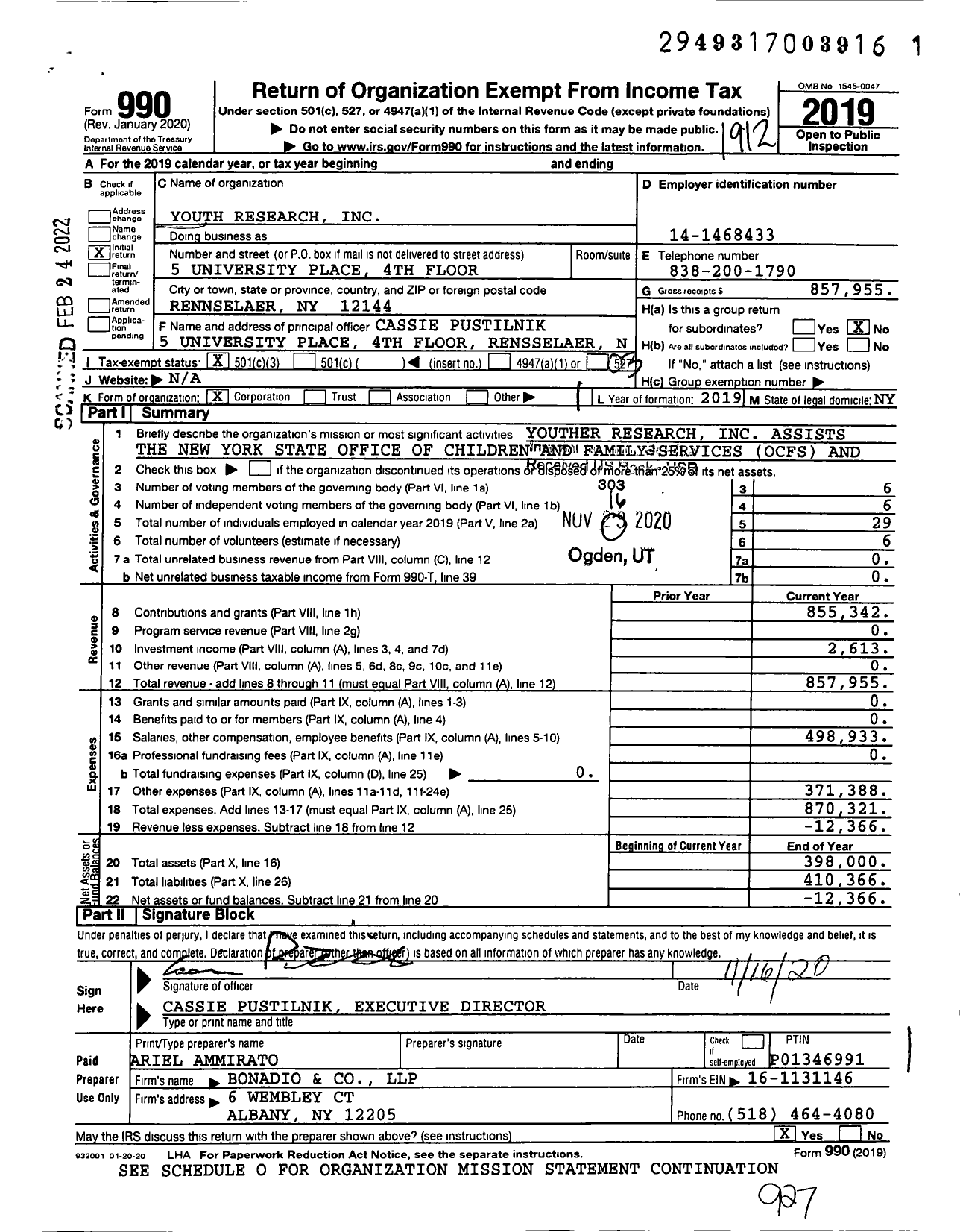 Image of first page of 2019 Form 990 for Youth Research
