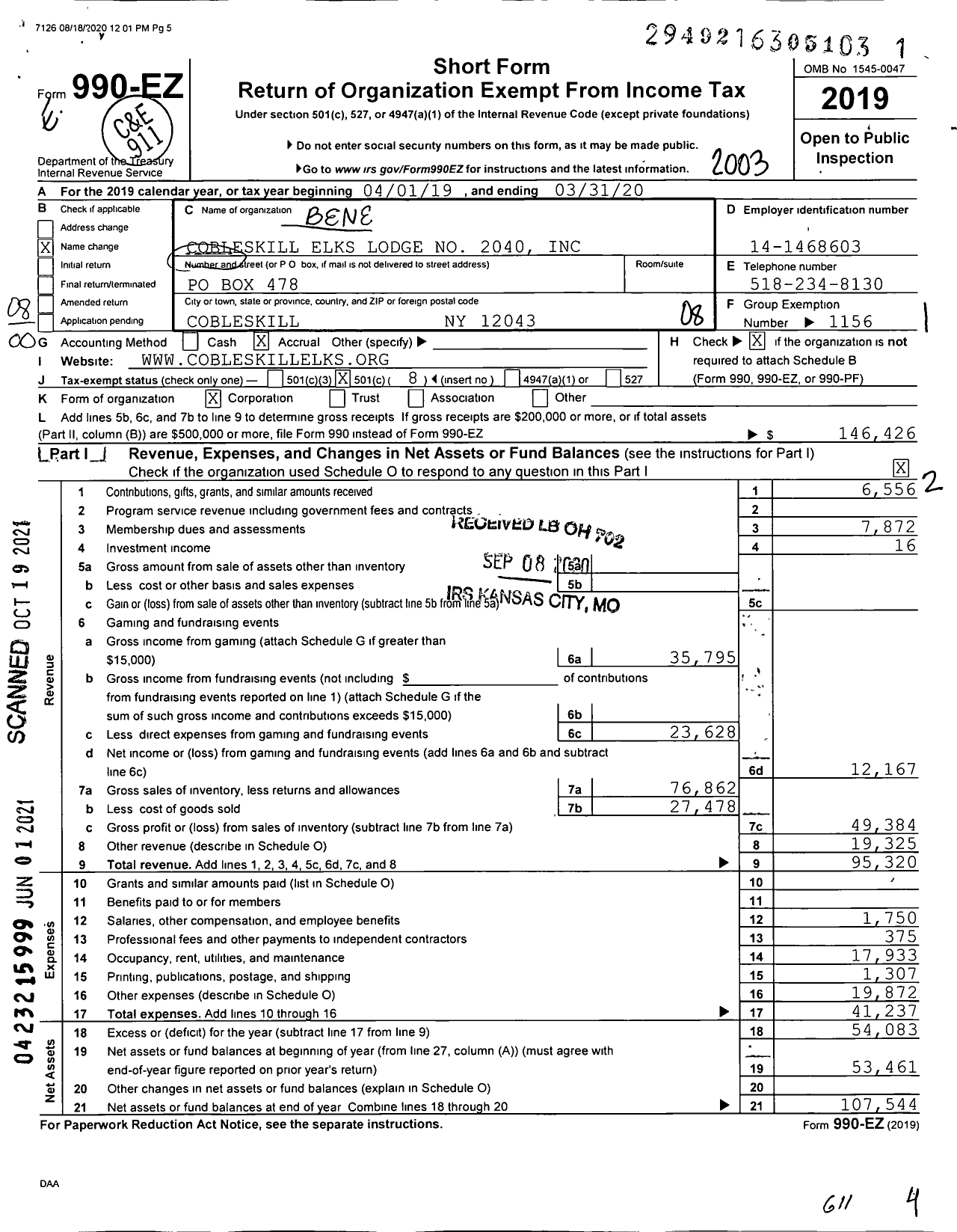 Image of first page of 2019 Form 990EO for Benevolent and Protective Order of Elks - 2040 Cobleskill