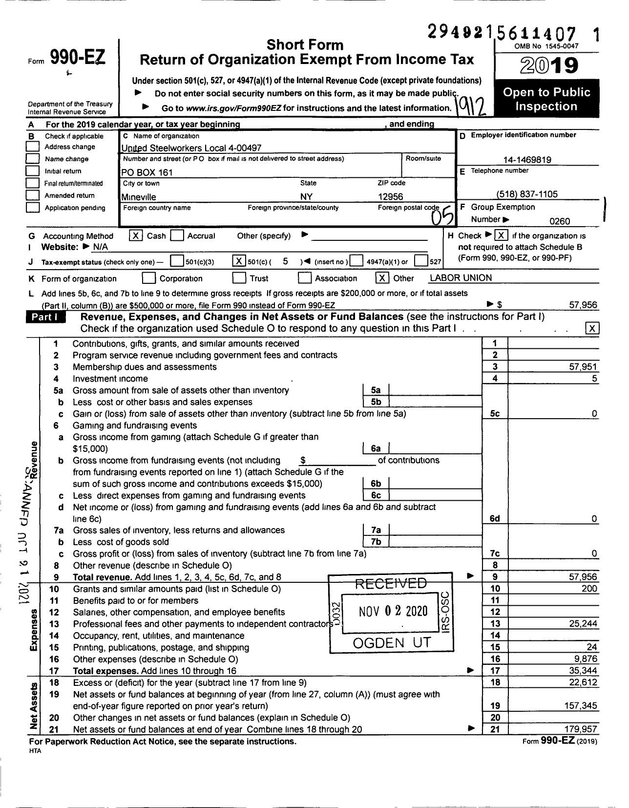 Image of first page of 2019 Form 990EO for UNITED STEELWORKERS - 497 USW Local Union