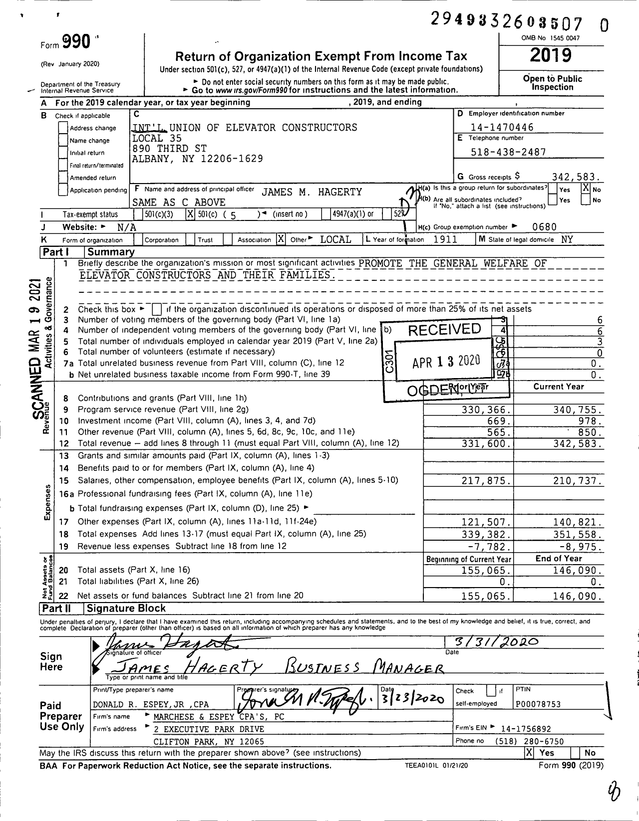 Image of first page of 2019 Form 990 for International Union of Elevator Constructors - 35 Eci