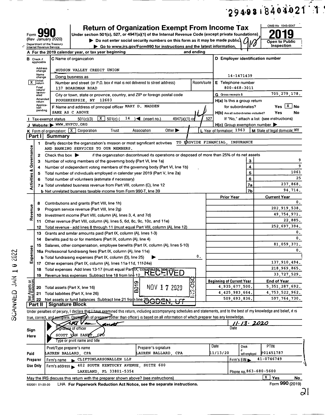 Image of first page of 2019 Form 990O for Hudson Valley Credit Union