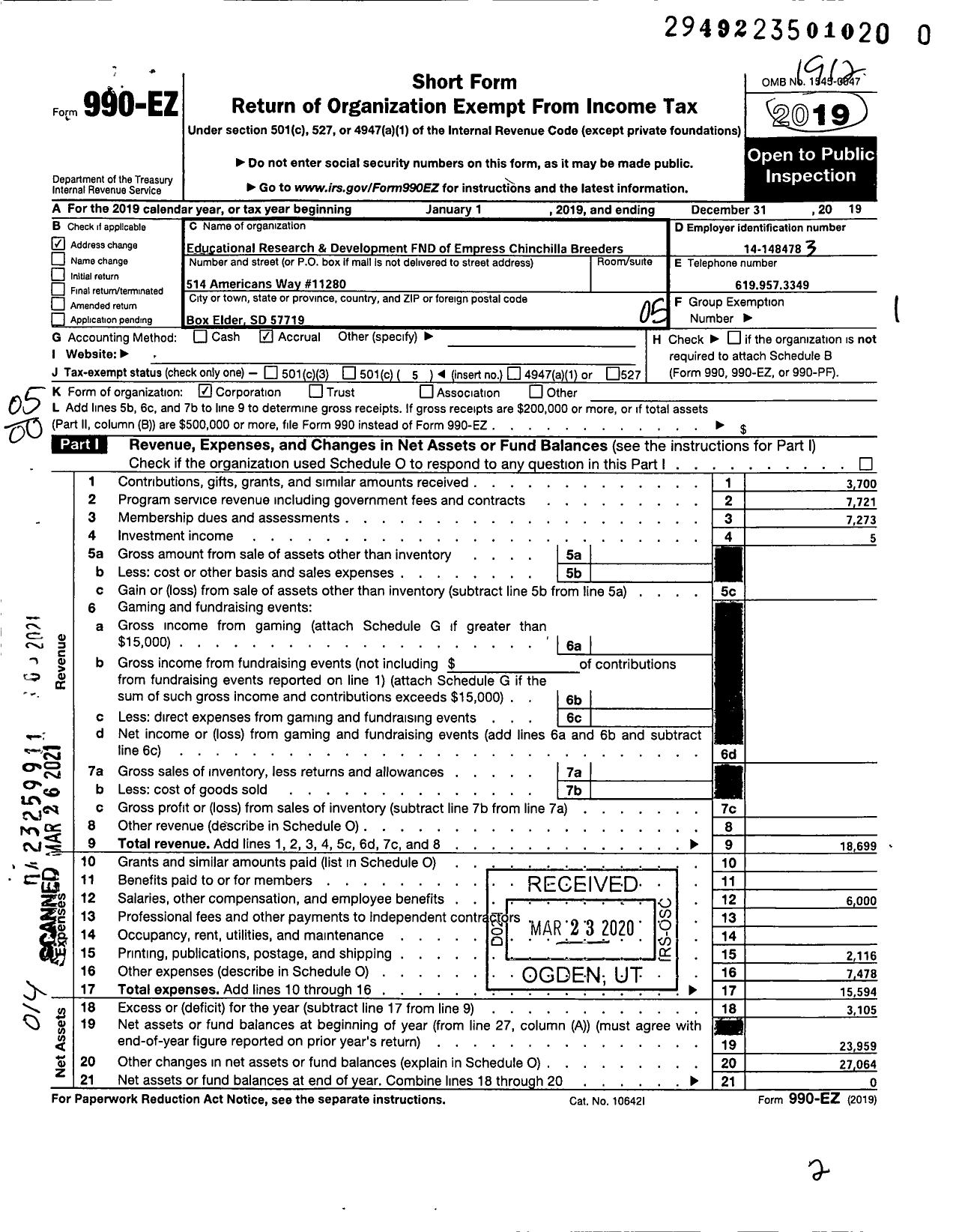 Image of first page of 2019 Form 990EO for Educational Research and Development Foundation of Empress Chinchilla Breeders