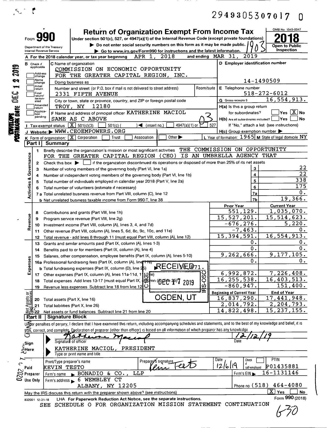 Image of first page of 2018 Form 990 for Commission on Economic Opportunity for the Greater Capital Region (CEO)