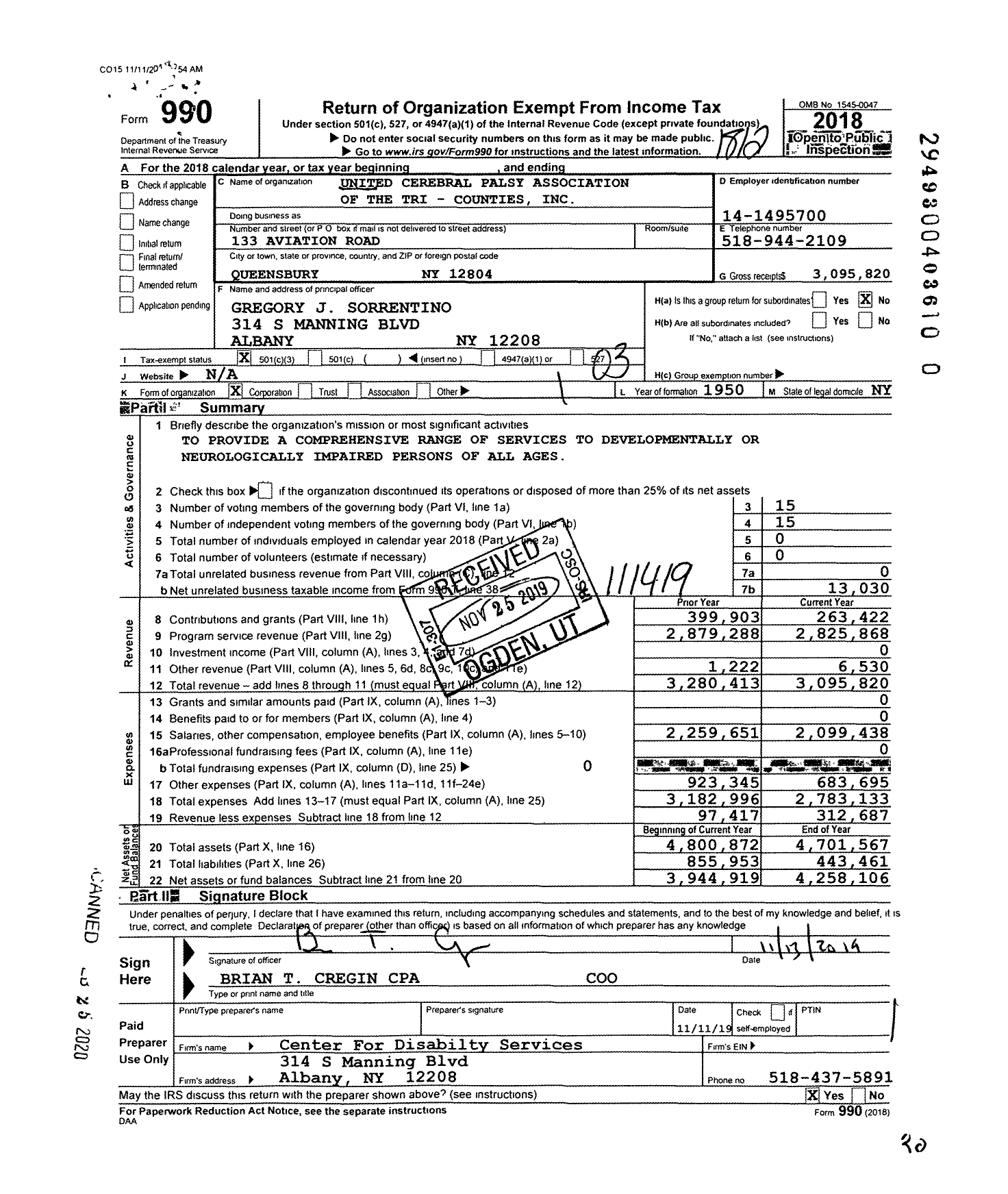 Image of first page of 2018 Form 990 for United Cerebral Palsy Association of the Tri - Counties