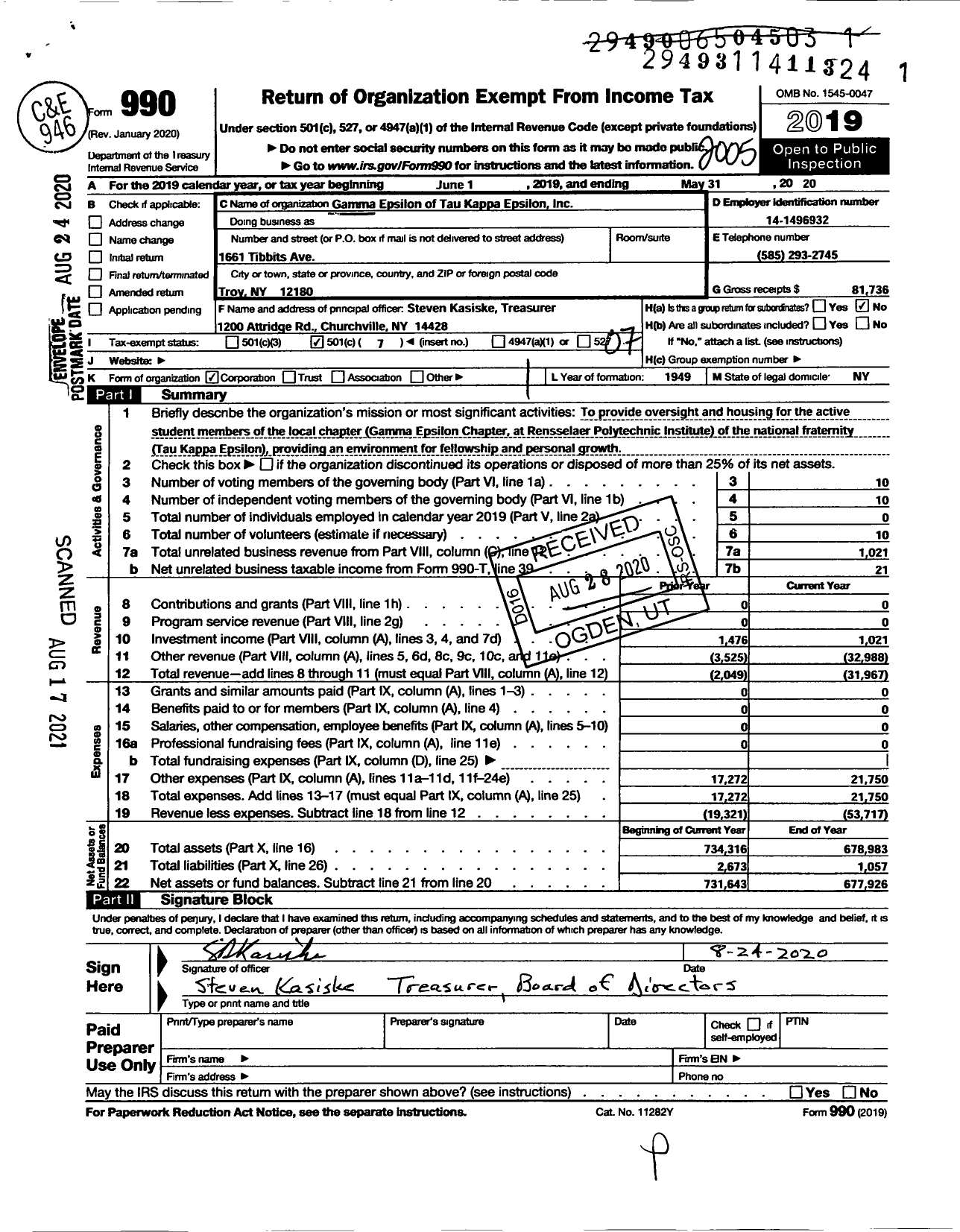 Image of first page of 2019 Form 990O for Gamma Epsilon of Tau Kappa Epsilon - 177