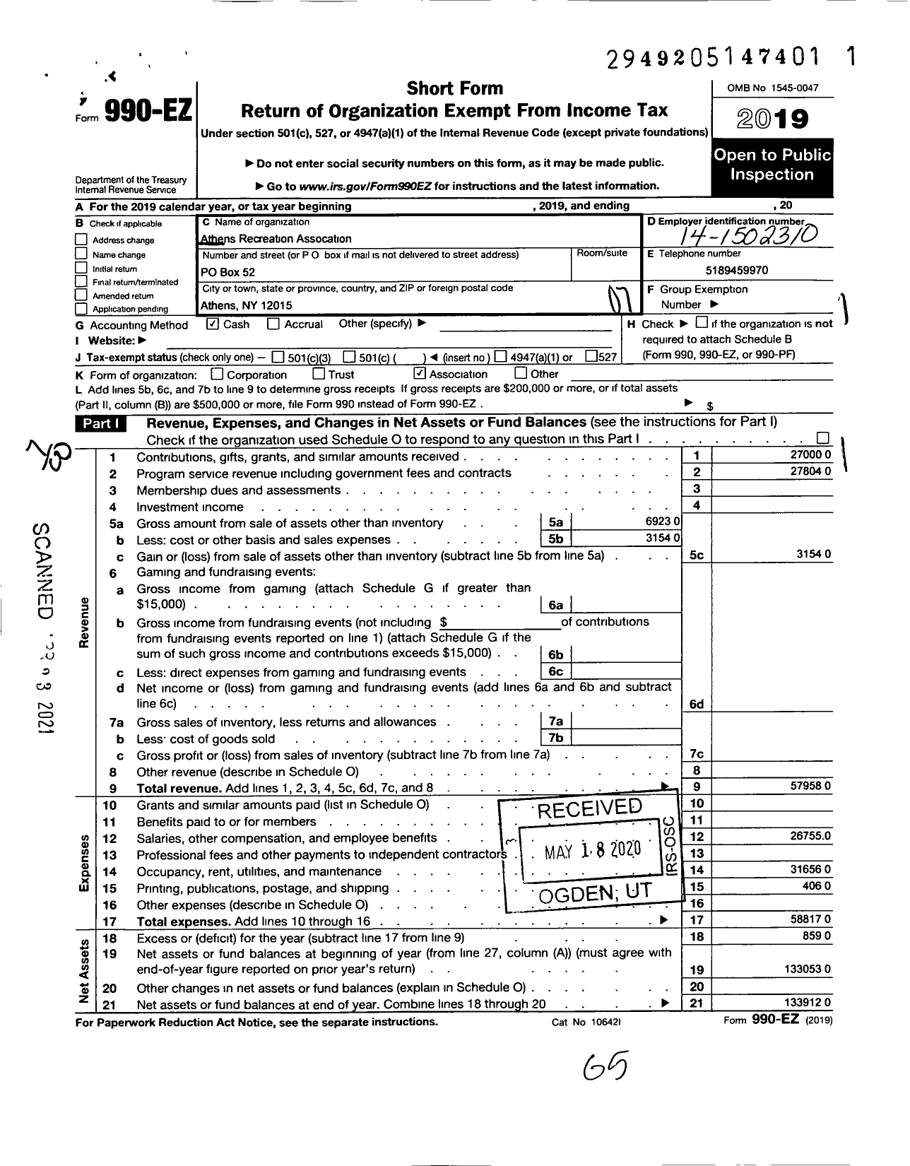 Image of first page of 2019 Form 990EO for Athens Recreation Association