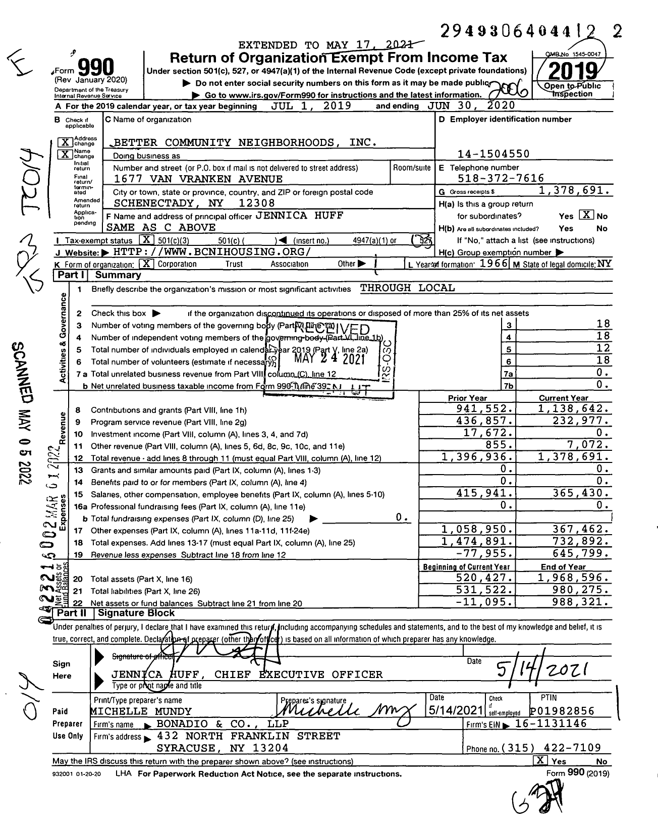 Image of first page of 2019 Form 990 for Better Community Neighborhoods