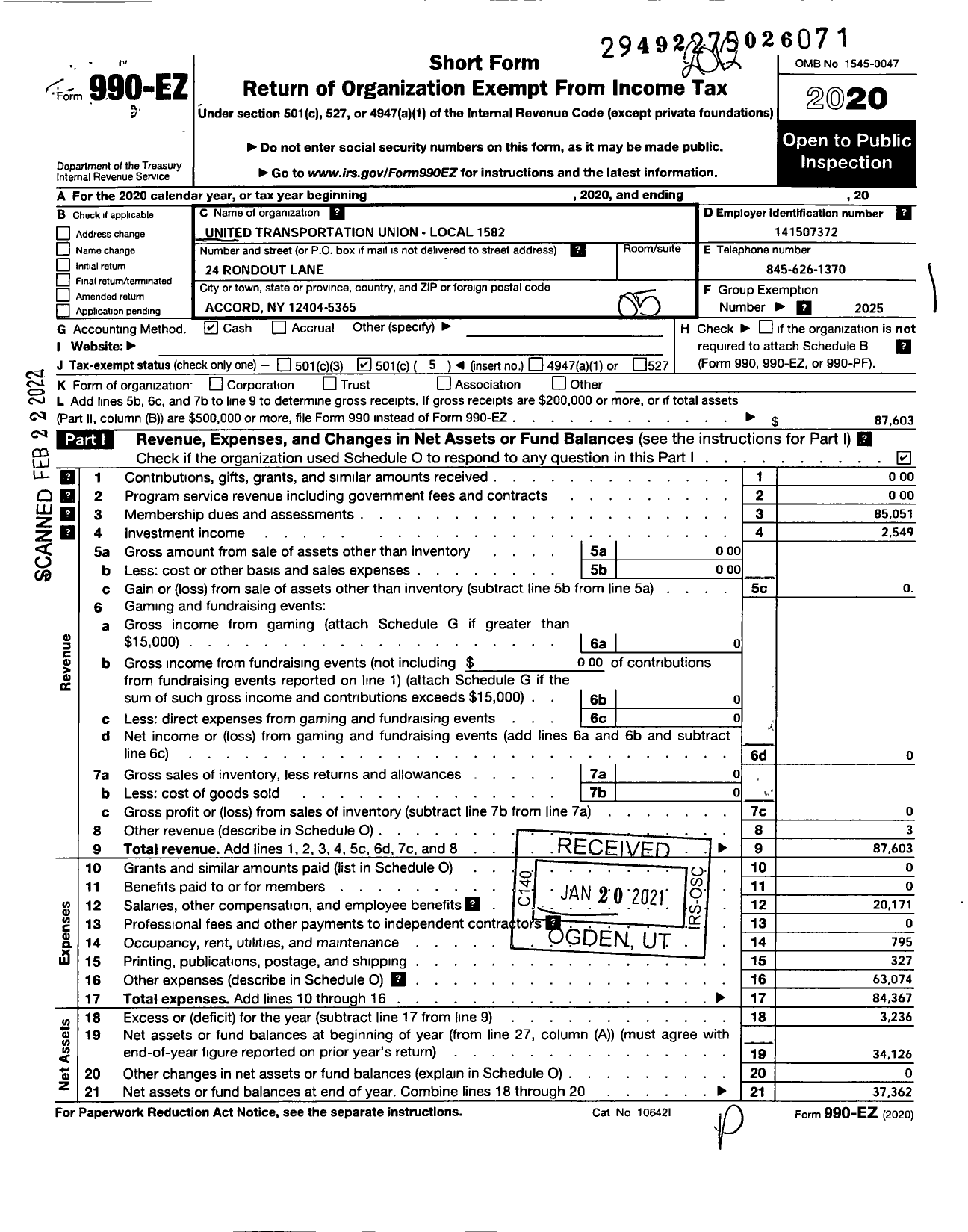 Image of first page of 2020 Form 990EO for Smart Union - Aaron Schwartz