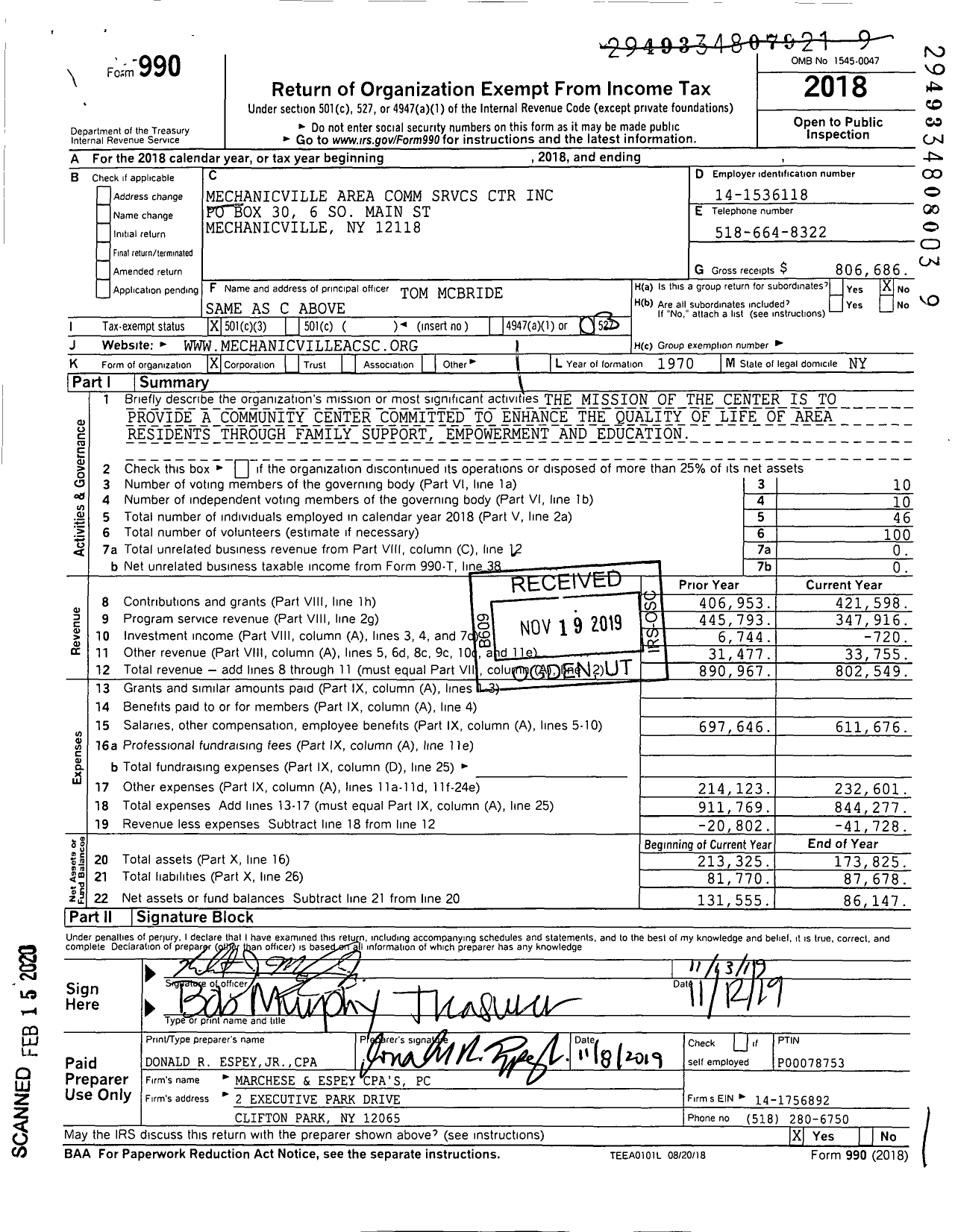 Image of first page of 2018 Form 990 for Mechanicville Area Comm SRVCS Center