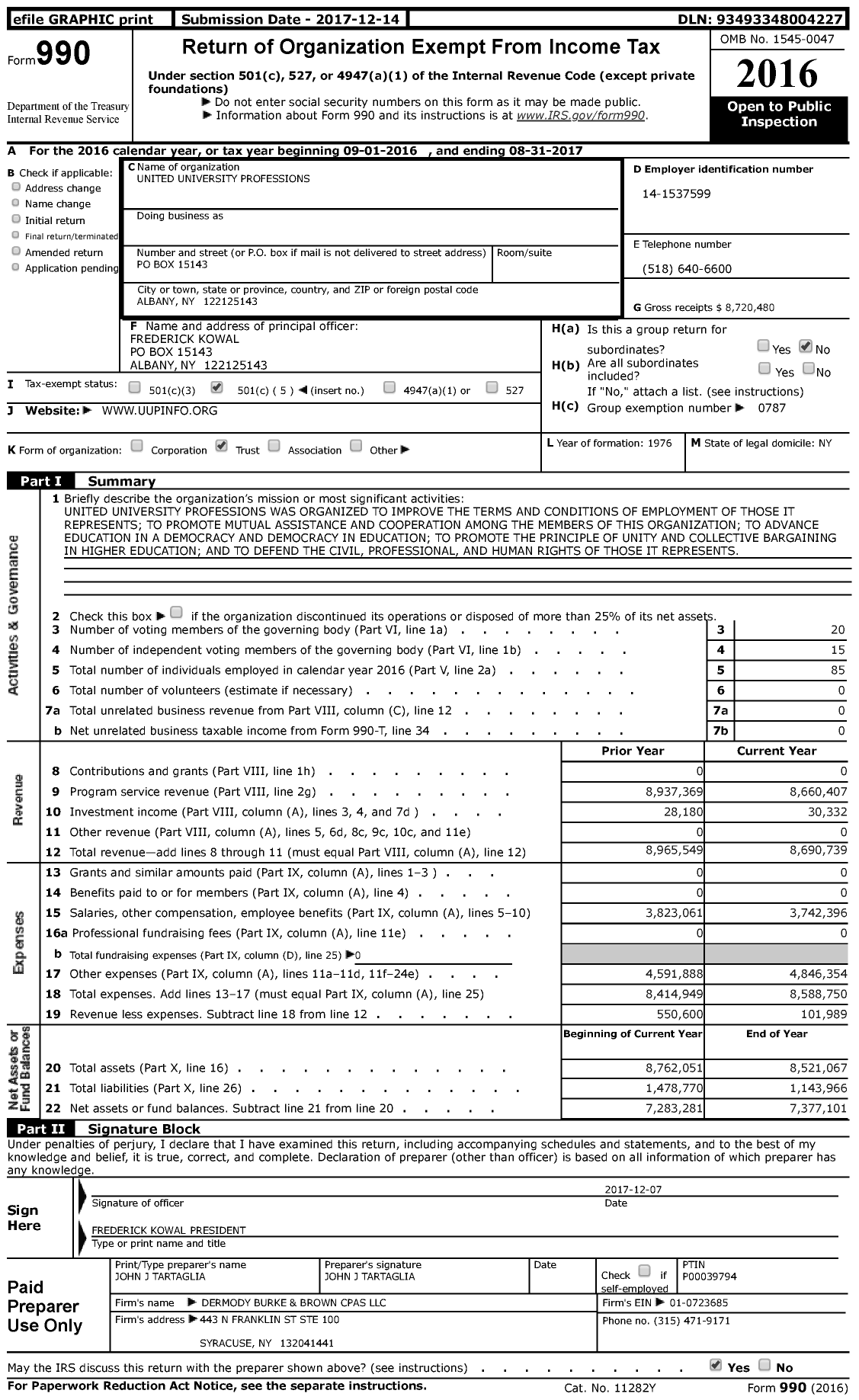 Image of first page of 2016 Form 990 for United University Professional (UUP)