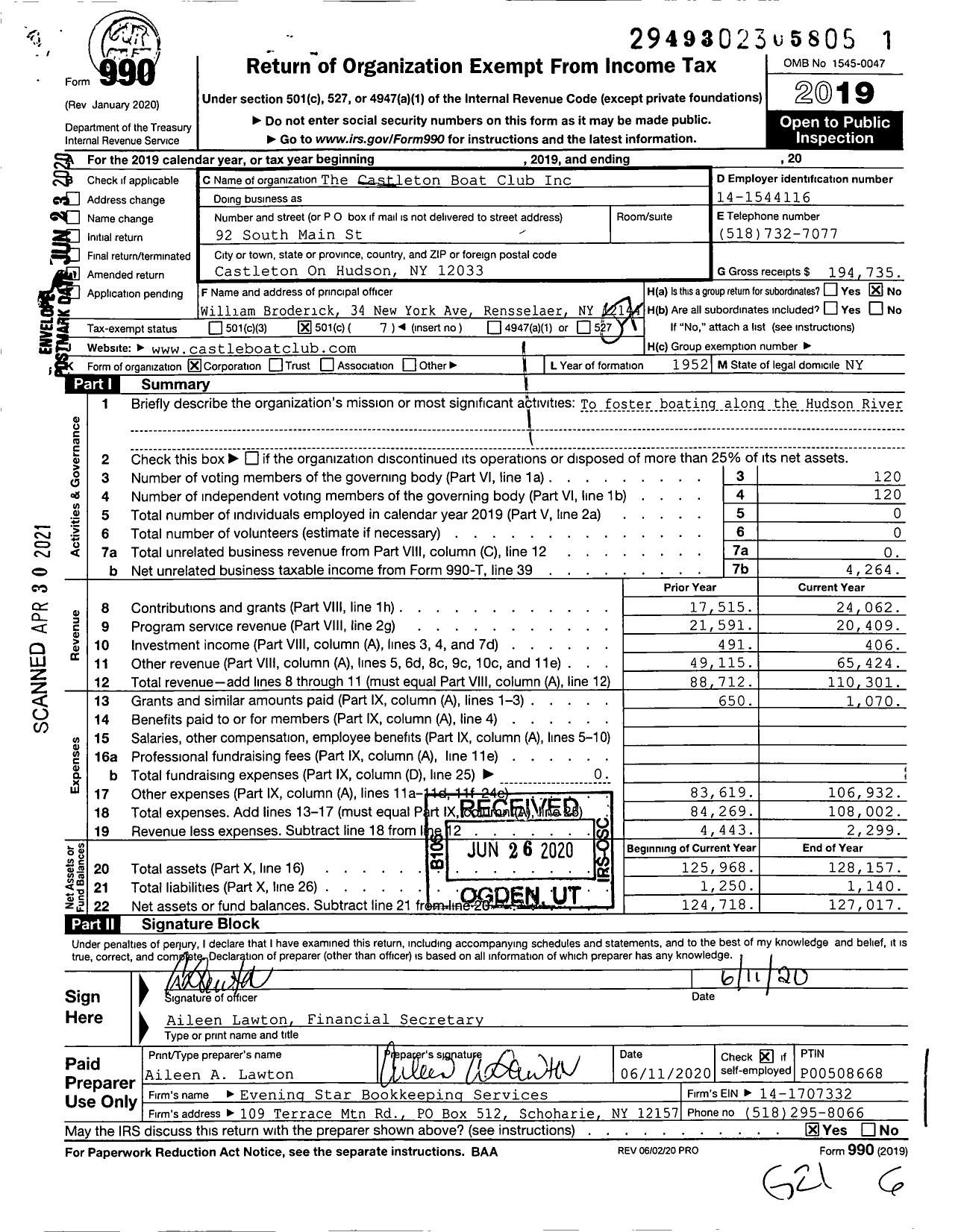 Image of first page of 2019 Form 990O for The Castleton Boat Club