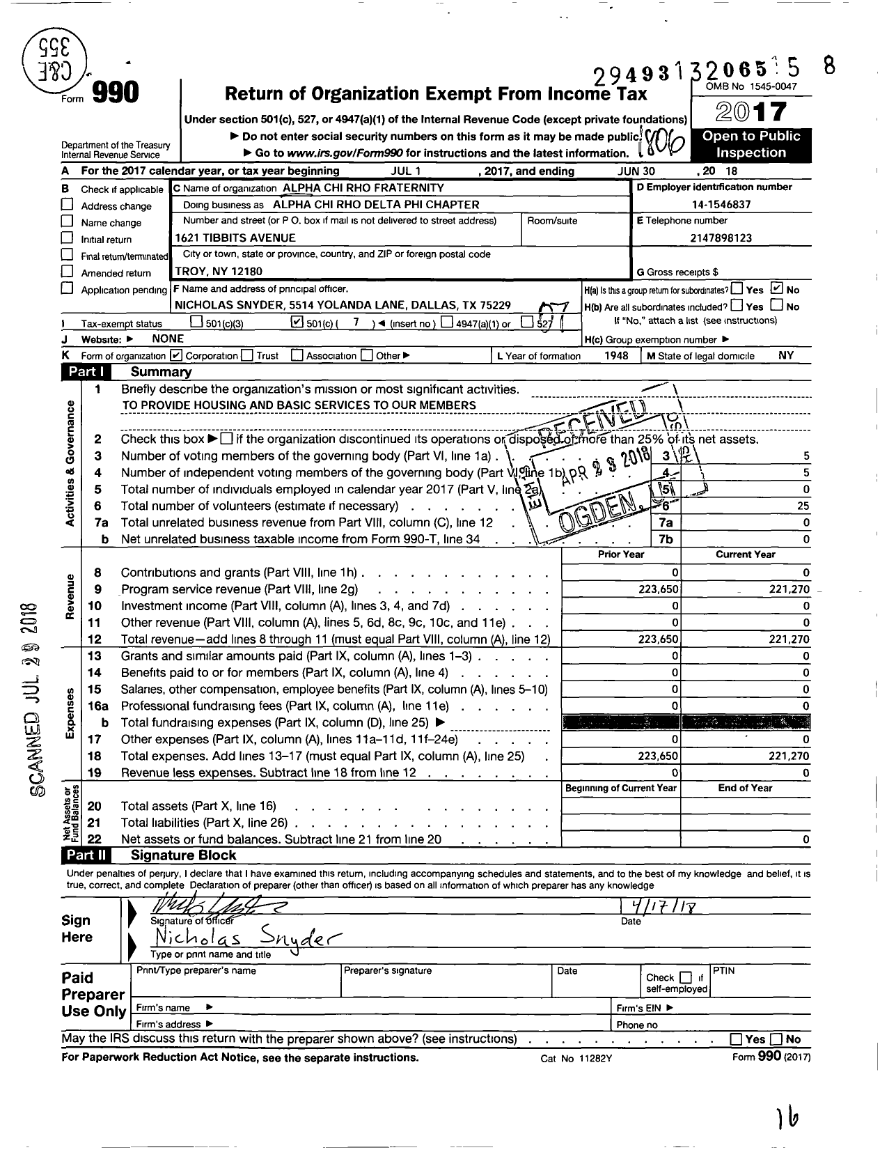 Image of first page of 2017 Form 990O for Alpha Chi Rho Fraternity / Delta Phi Resident Chapter