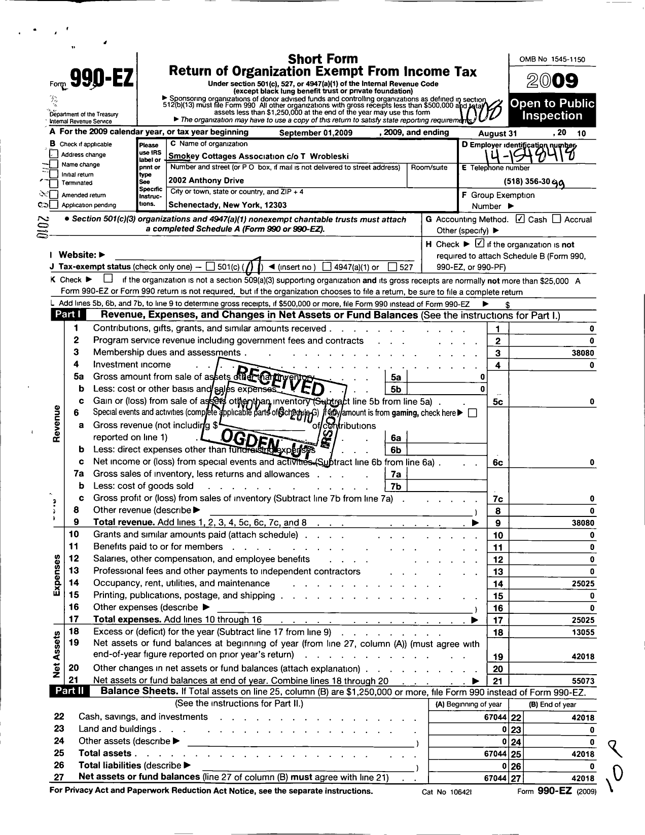 Image of first page of 2009 Form 990EO for Smokey Cottages Association