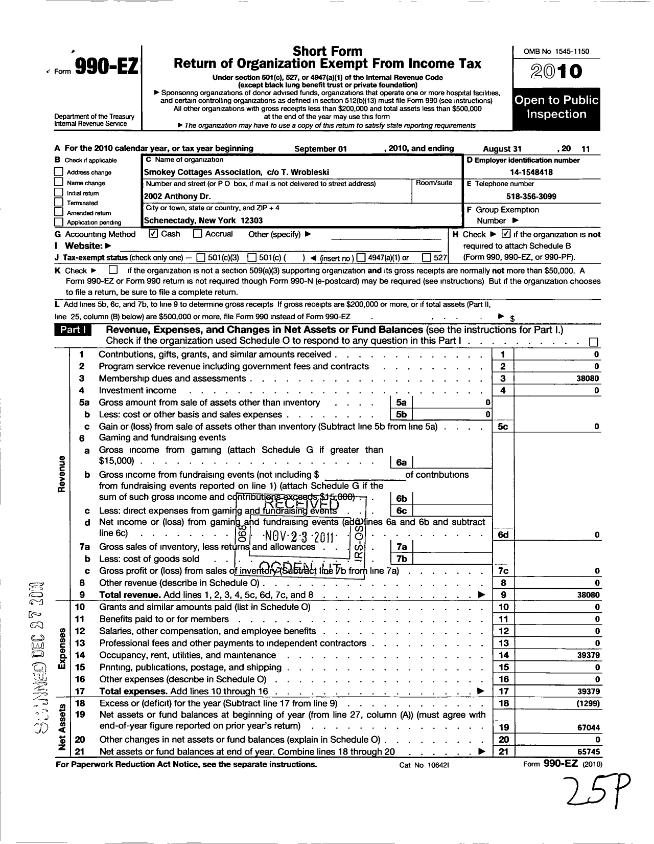 Image of first page of 2010 Form 990EO for Smokey Cottages Association