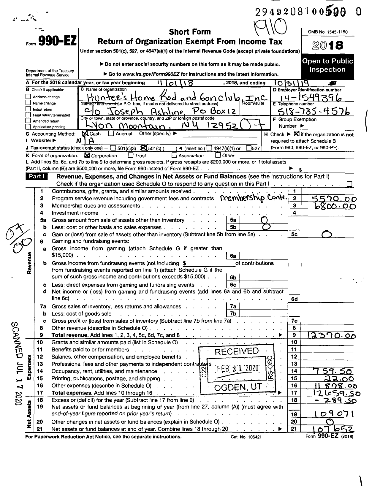 Image of first page of 2018 Form 990EO for Hunters Home Rod and Gun Club