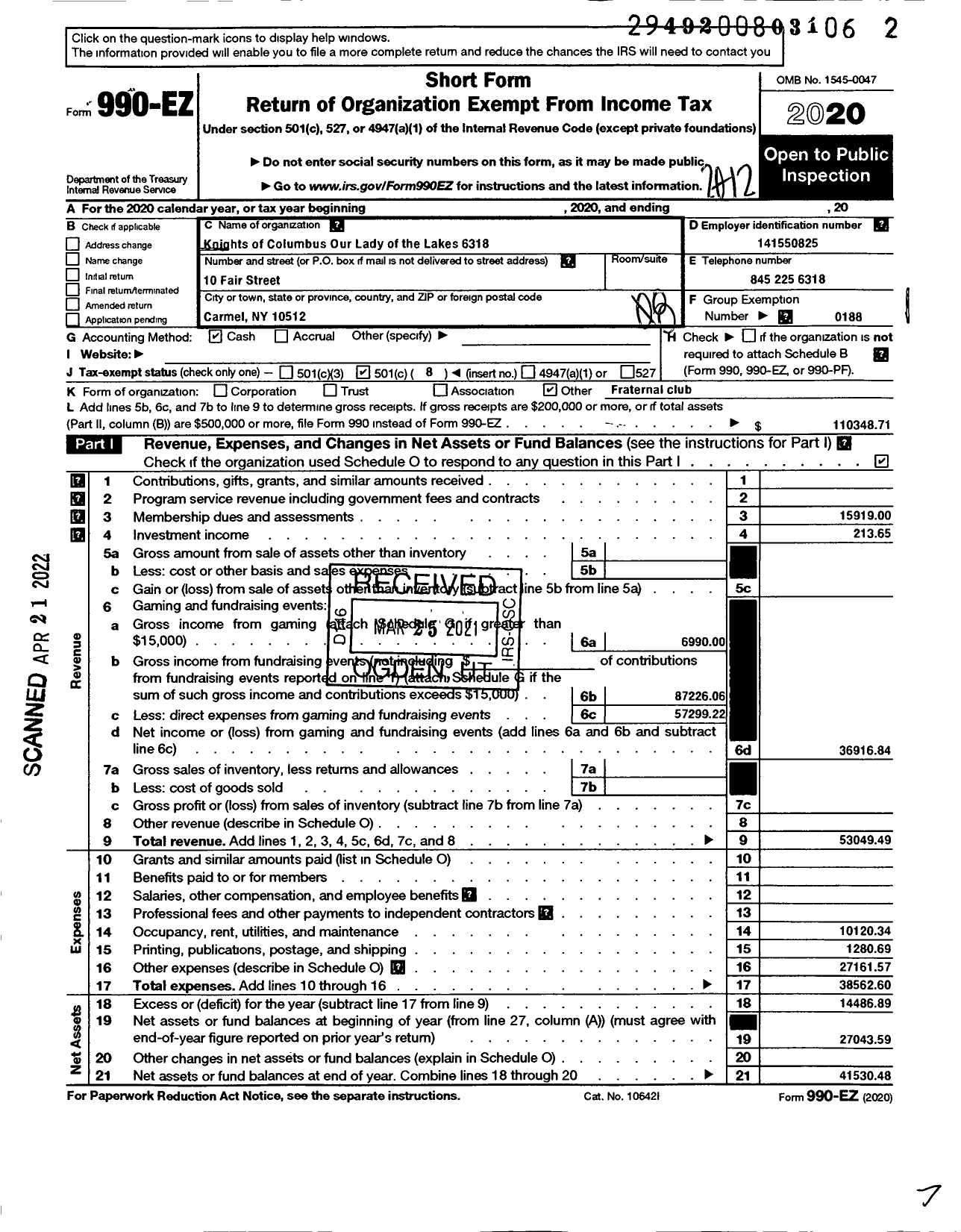 Image of first page of 2020 Form 990EO for KNIGHTS OF COLUMBUS - 6318 Our Lady OF the Lakes Council