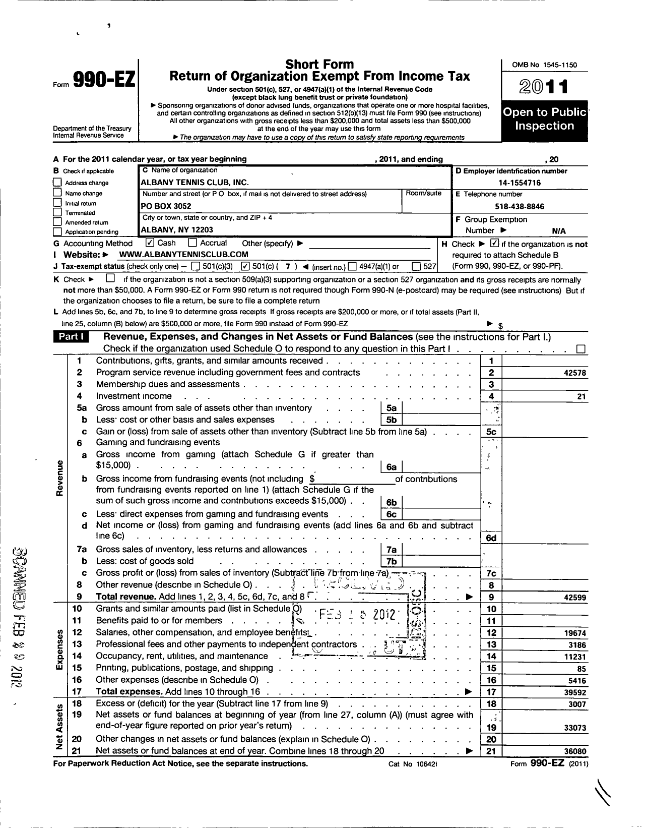 Image of first page of 2011 Form 990EO for Albany Tennis Club