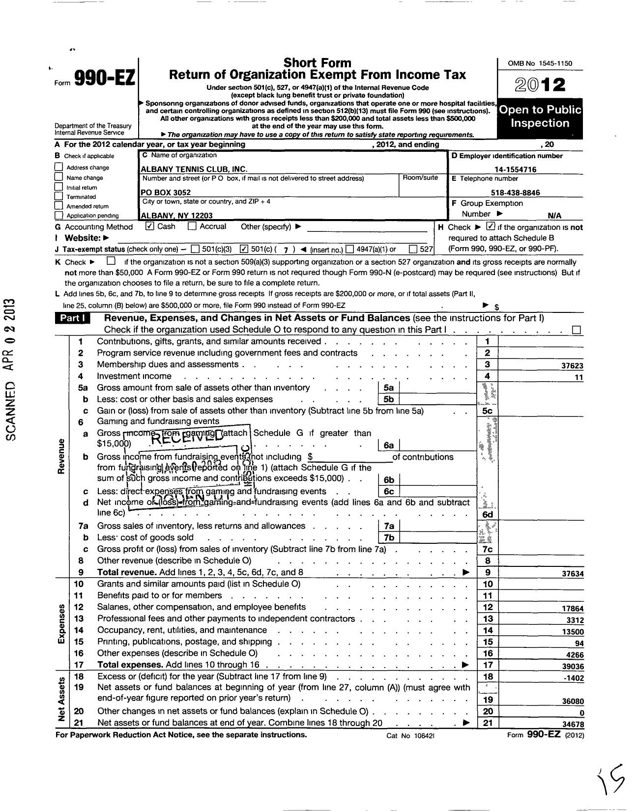 Image of first page of 2012 Form 990EO for Albany Tennis Club