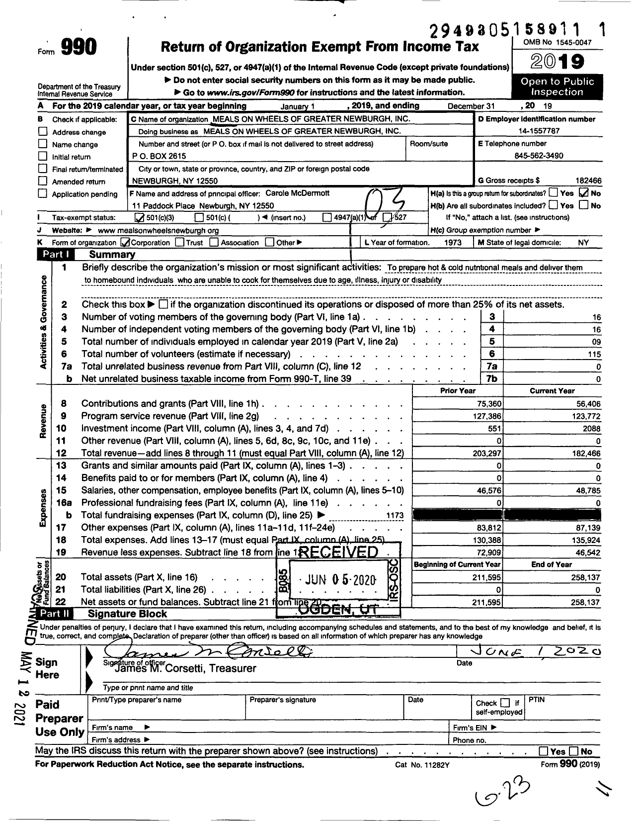 Image of first page of 2019 Form 990 for Meals on Wheels of Greater Newburgh