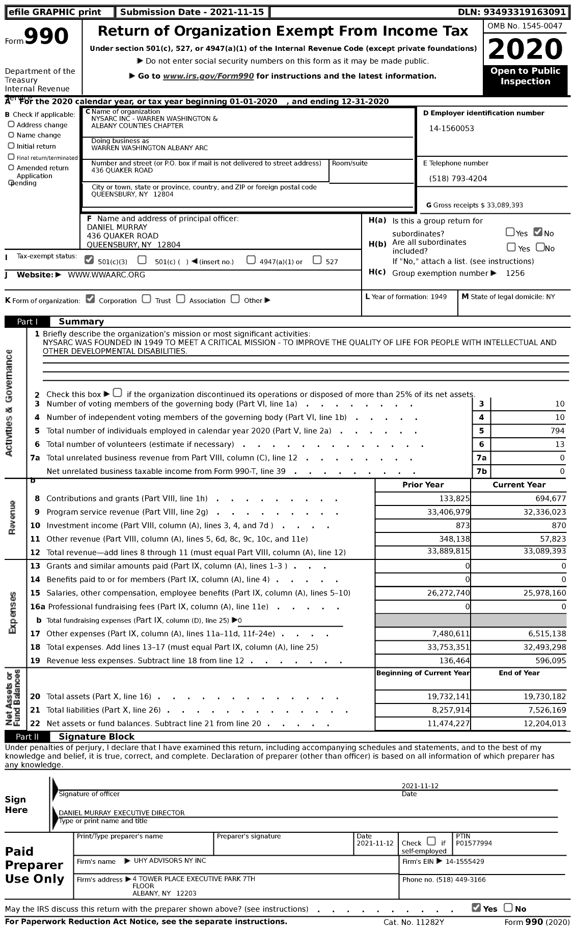 Image of first page of 2020 Form 990 for Warren, Washington & Albany Counties Chapter of NYSARC (WWAARC)