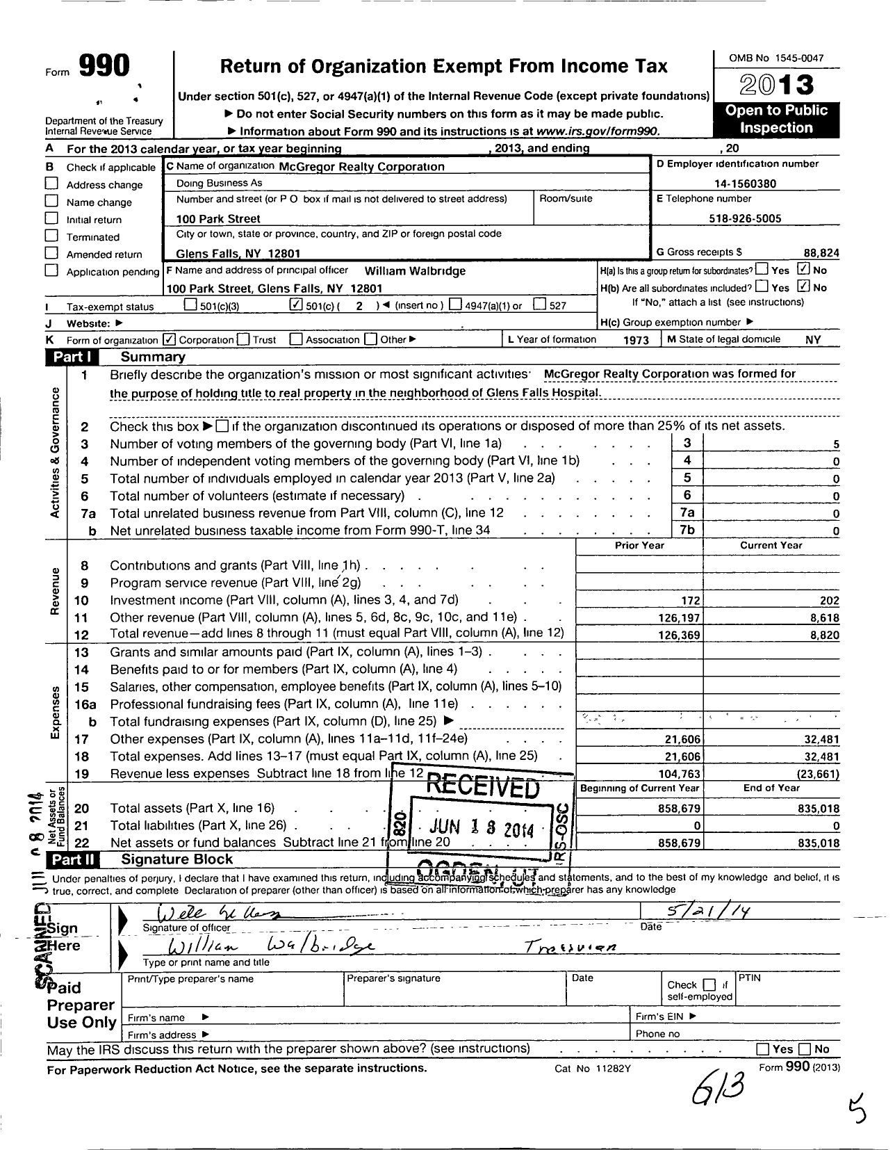 Image of first page of 2013 Form 990O for Mcgregor Realty Corporation