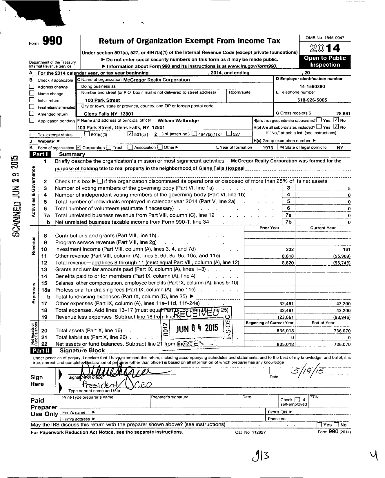 Image of first page of 2014 Form 990O for Mcgregor Realty Corporation