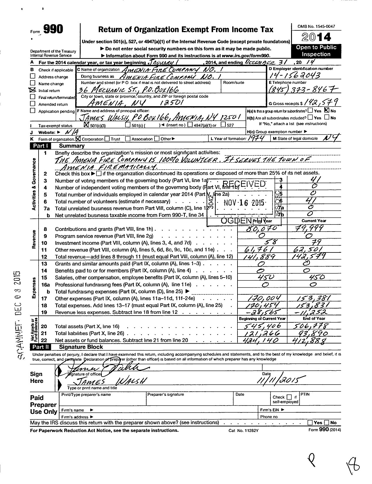 Image of first page of 2014 Form 990 for Amenia Fire Company No 1