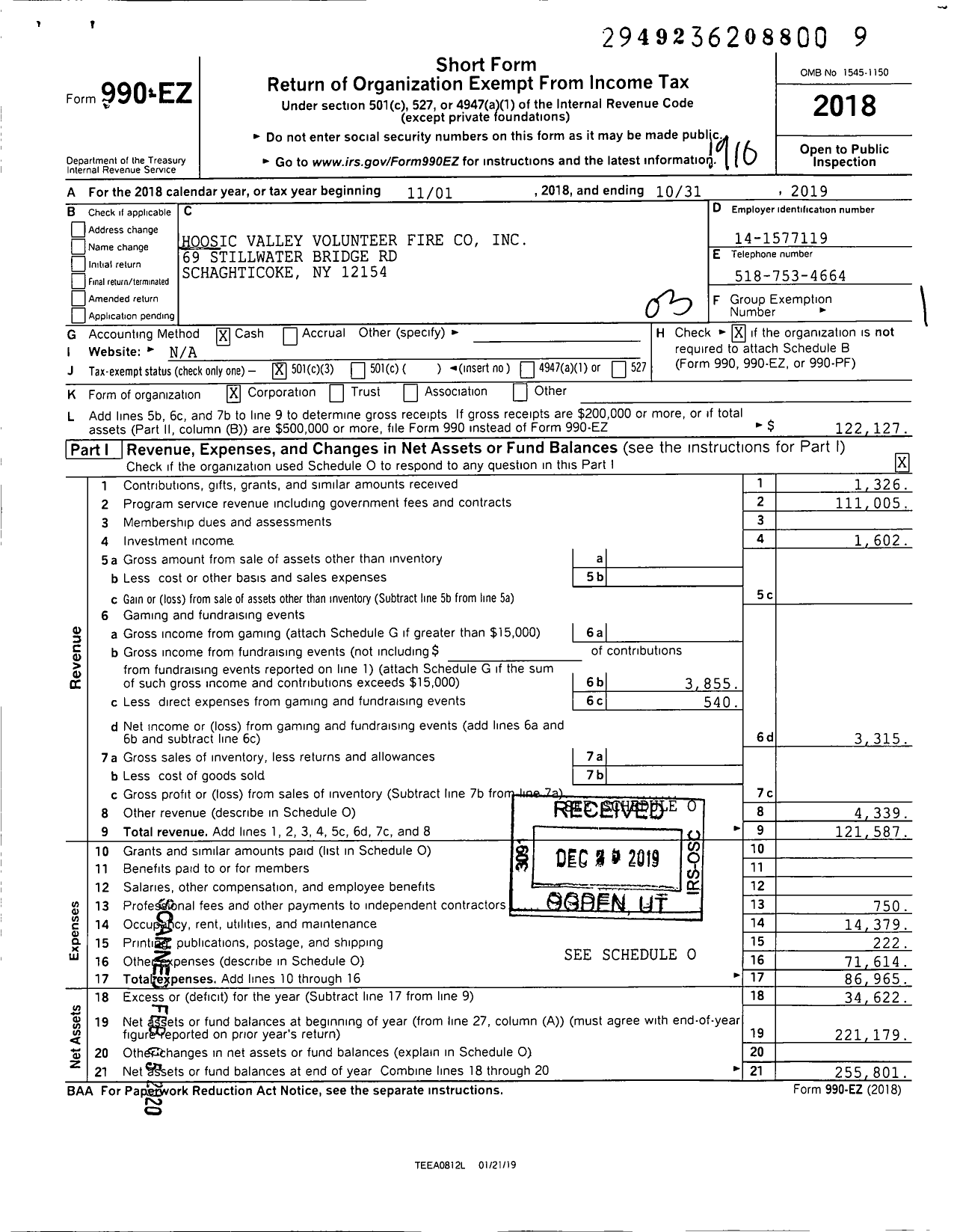 Image of first page of 2018 Form 990EZ for Hoosic Valley Volunteer Fire