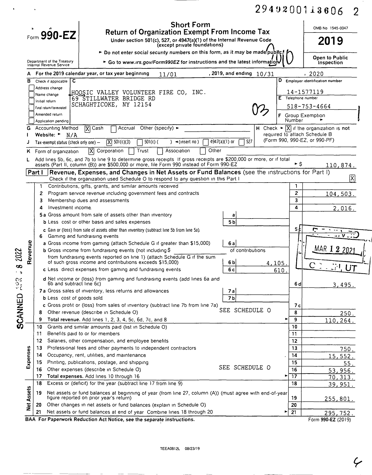 Image of first page of 2019 Form 990EZ for Hoosic Valley Volunteer Fire