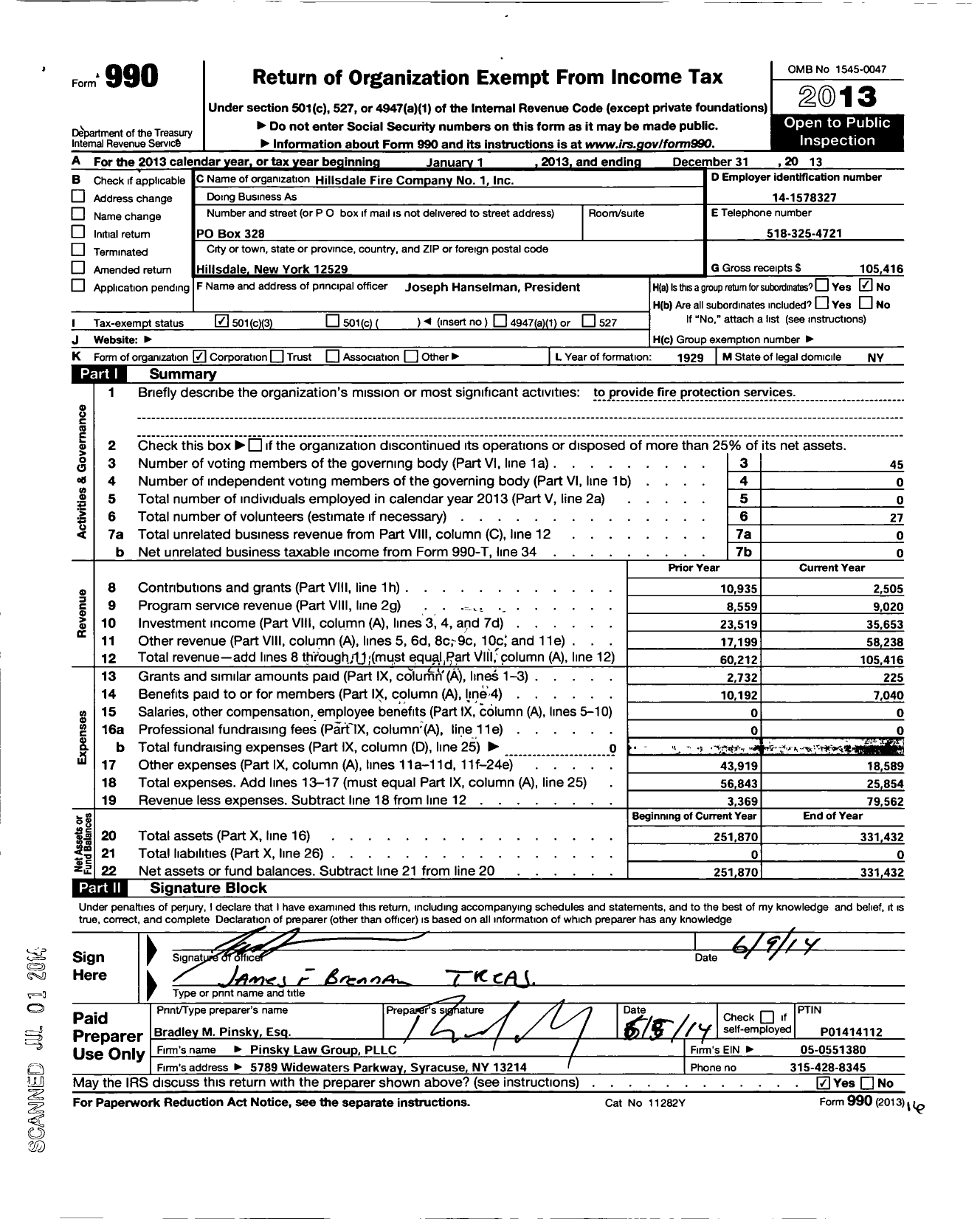 Image of first page of 2013 Form 990 for Hillsdale Fire Company #1