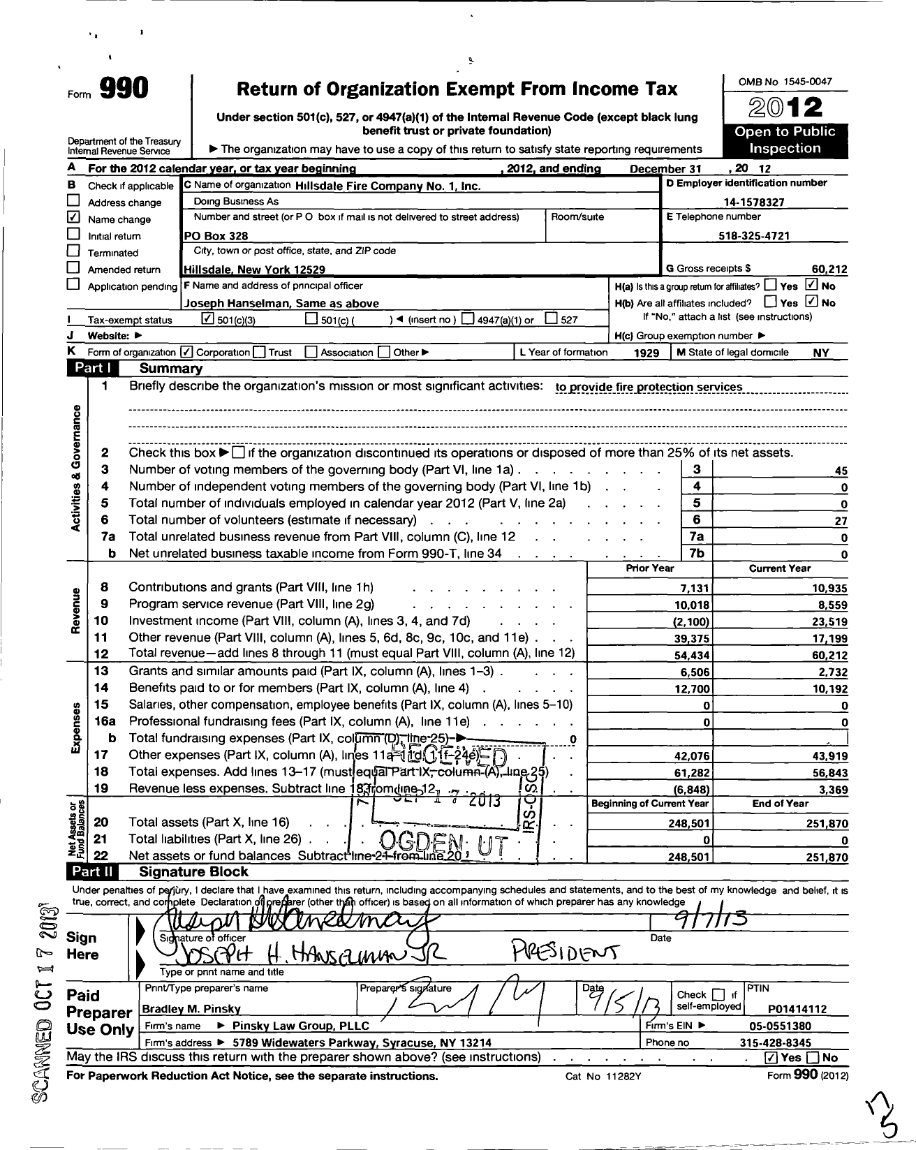 Image of first page of 2012 Form 990 for Hillsdale Fire Company #1