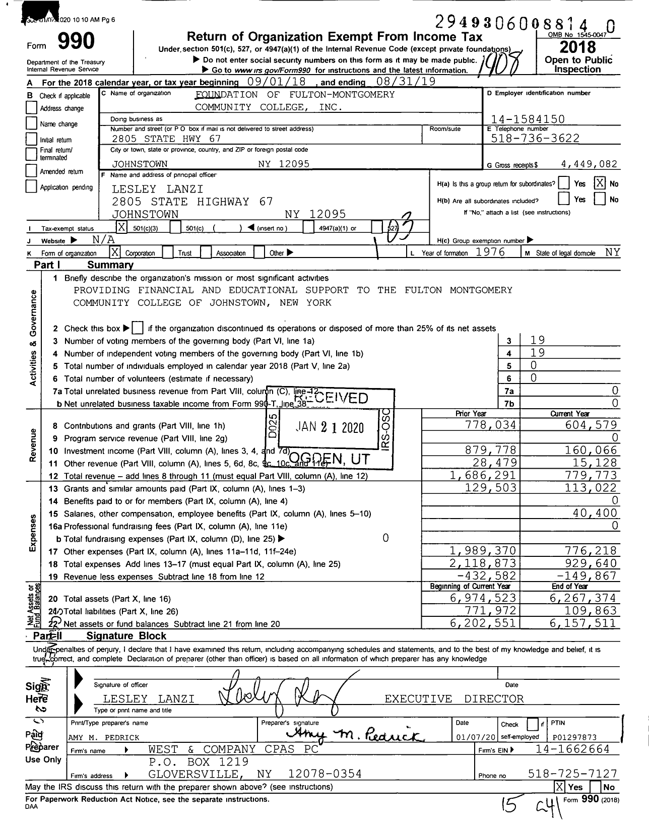 Image of first page of 2018 Form 990 for Foundation of Fulton-Montgomery Community College