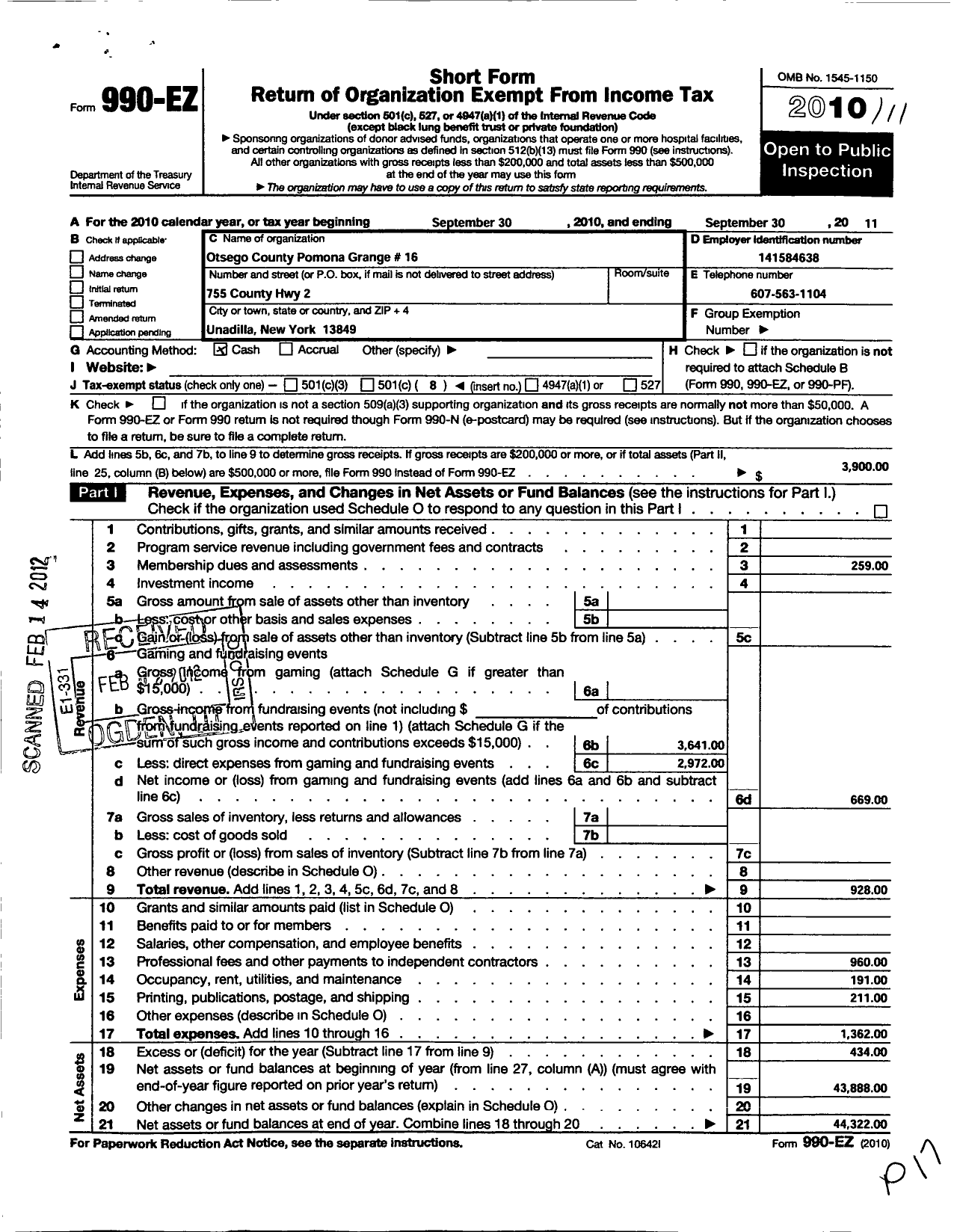 Image of first page of 2010 Form 990EO for Nys Grange - Otsego County Pomona Grange