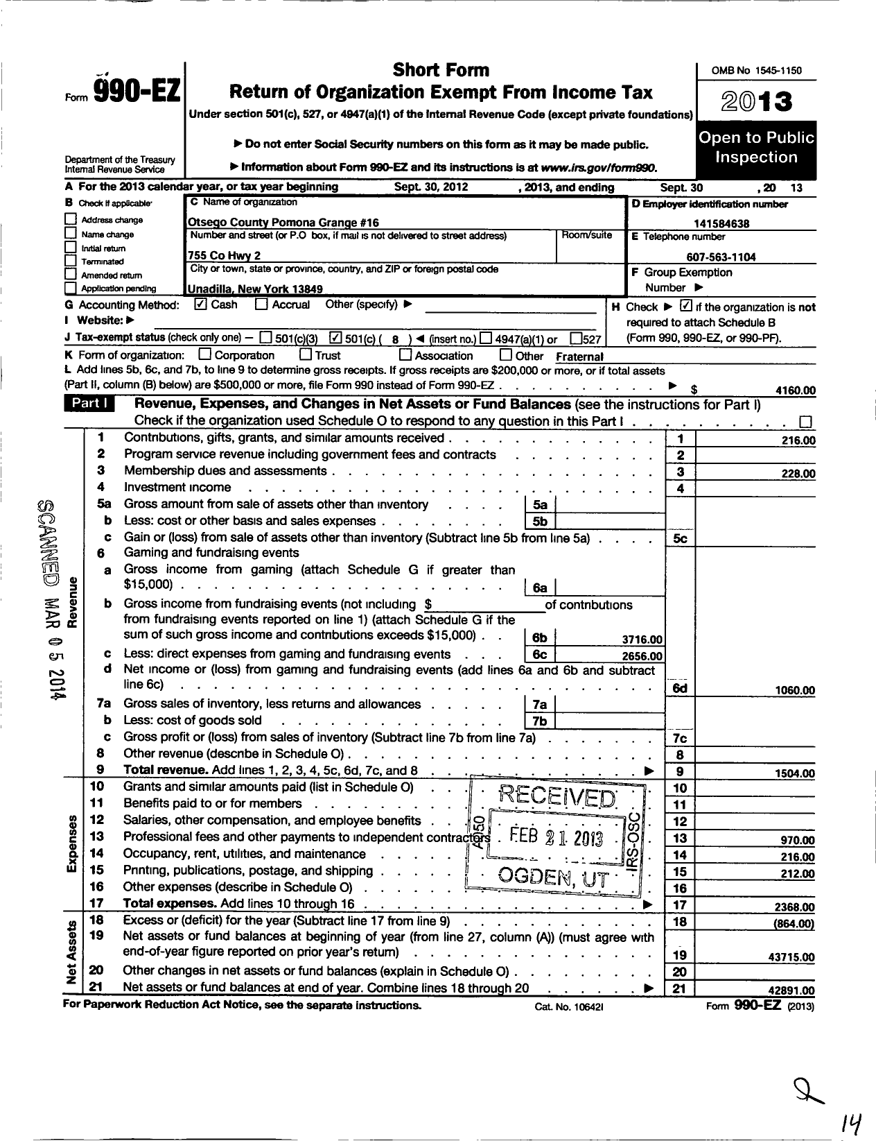 Image of first page of 2012 Form 990EO for Nys Grange - Otsego County Pomona Grange