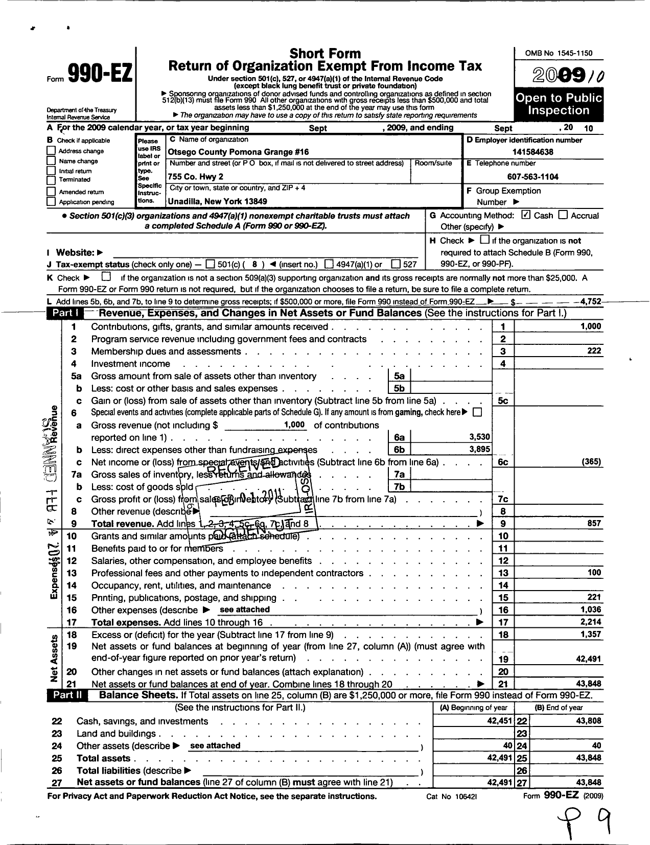 Image of first page of 2009 Form 990EO for Nys Grange - Otsego County Pomona Grange